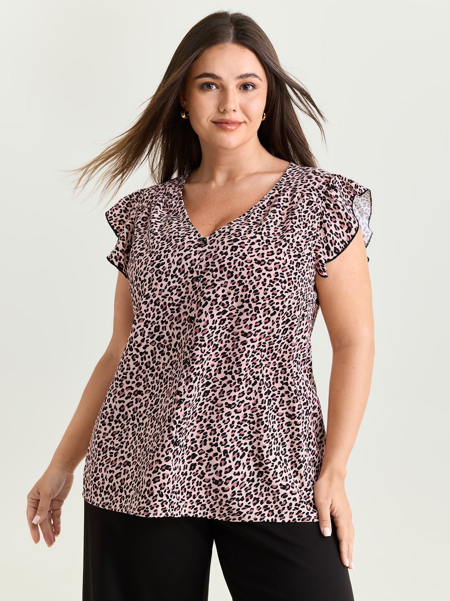 Leopard Print Flutter Sleeve Button Blouse