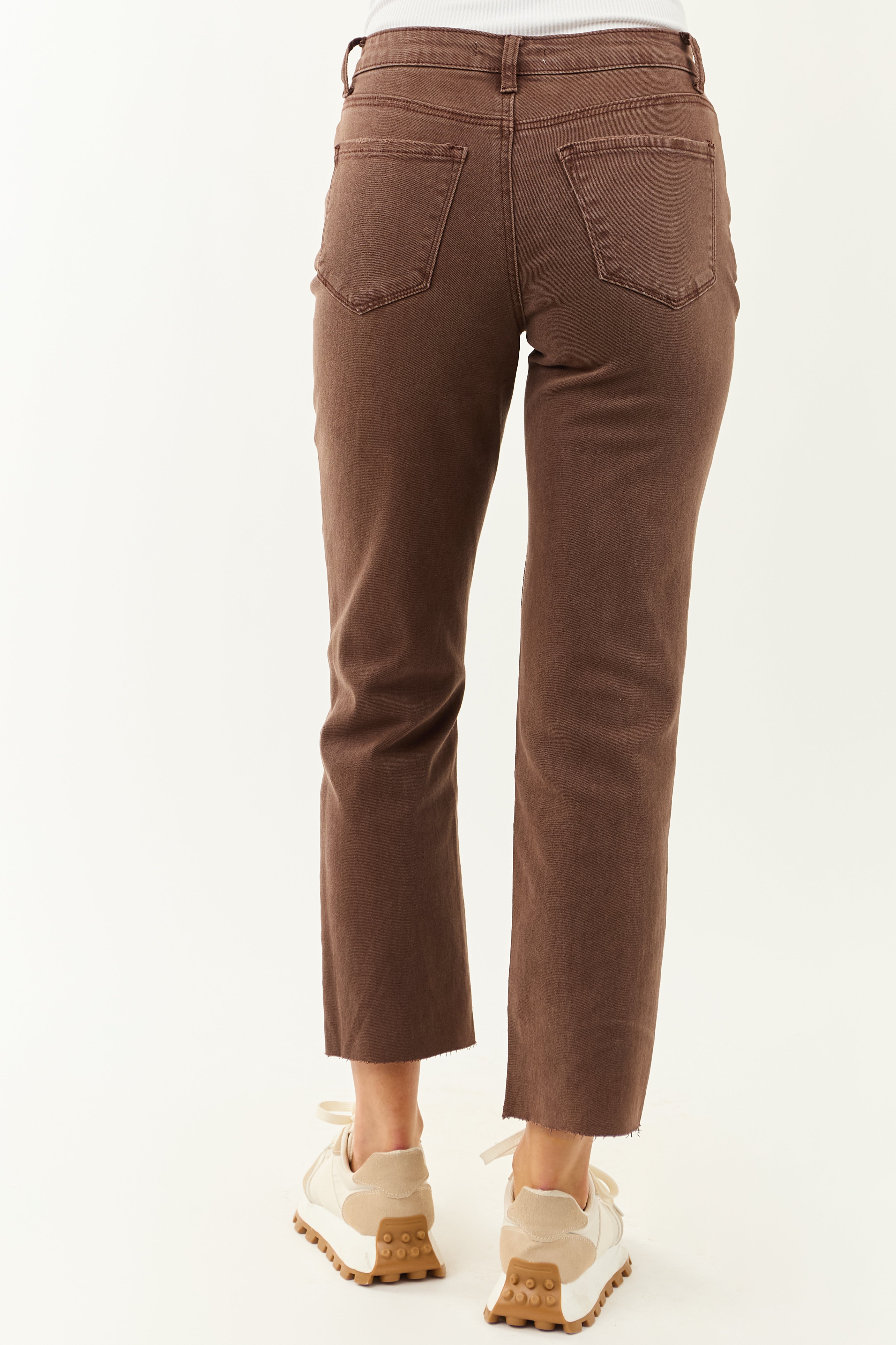 Coffee Cropped High Rise Stretchy Straight Jeans