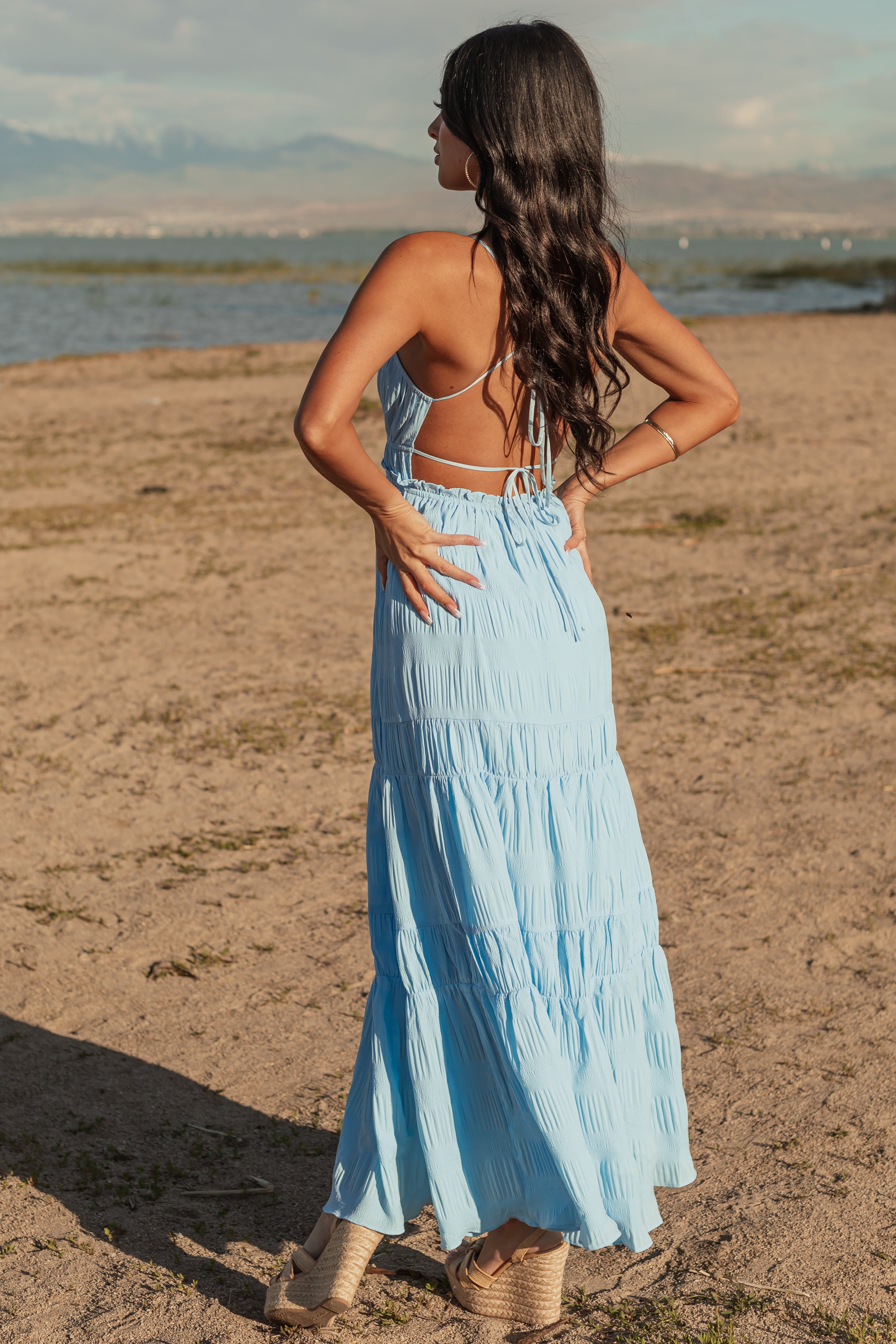 Sky Blue Ruched Tiered Sleeveless Maxi Dress