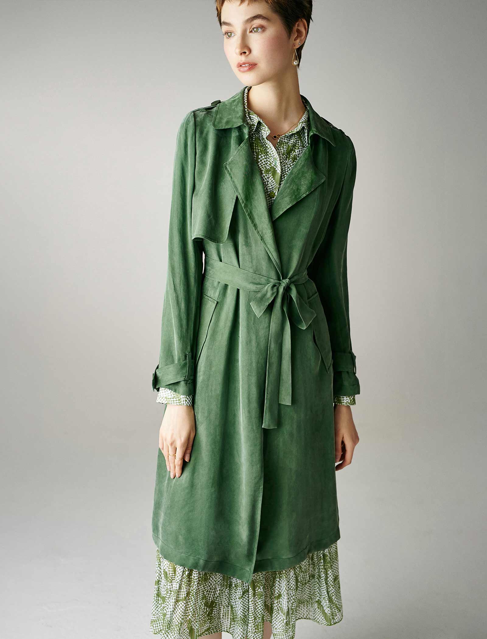 Green Belted 100% Tencel Midi Trench Coat