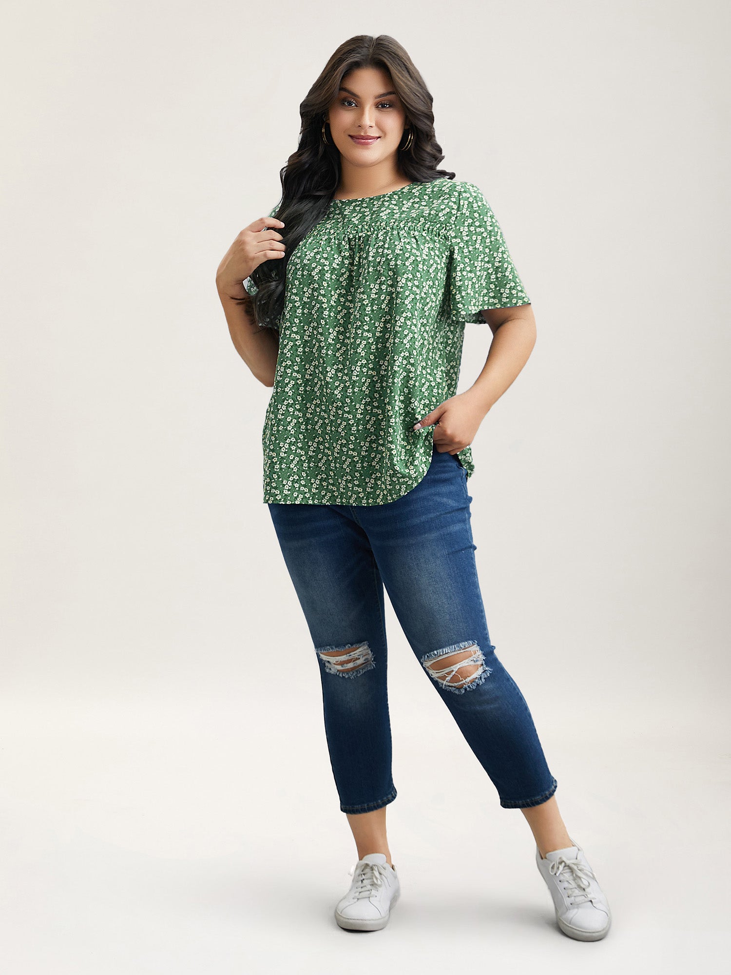 Floral Ruffle Sleeve Gathered Round Neck Blouse