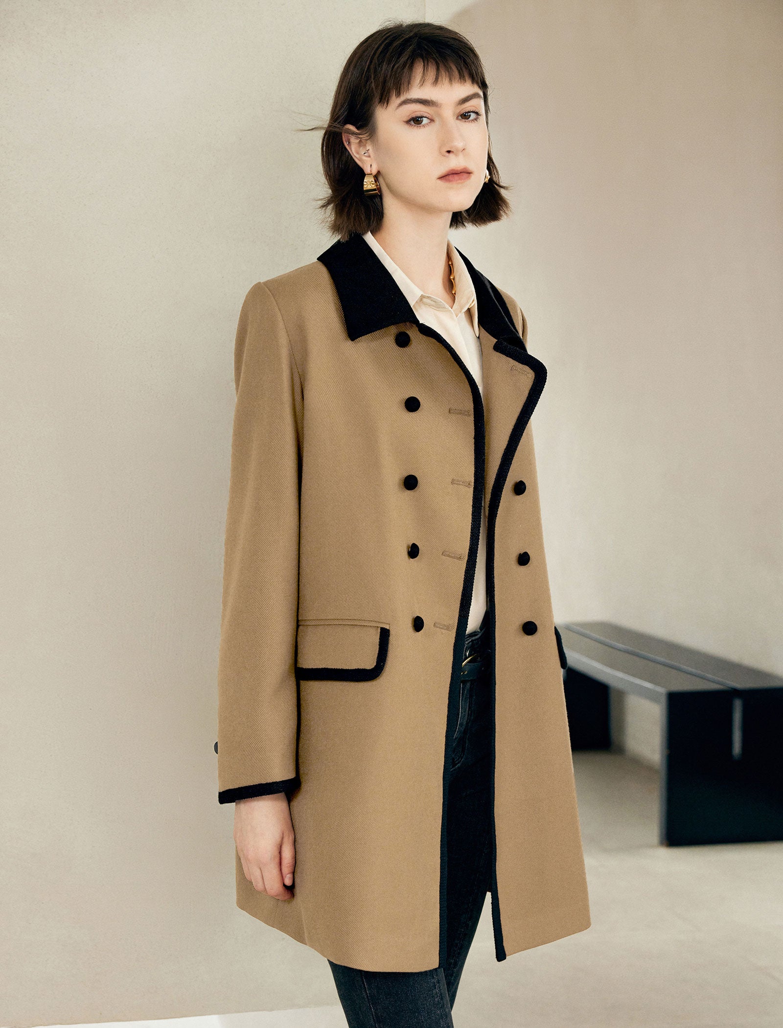 Contrast-Trim Double-Breasted Trench Coat