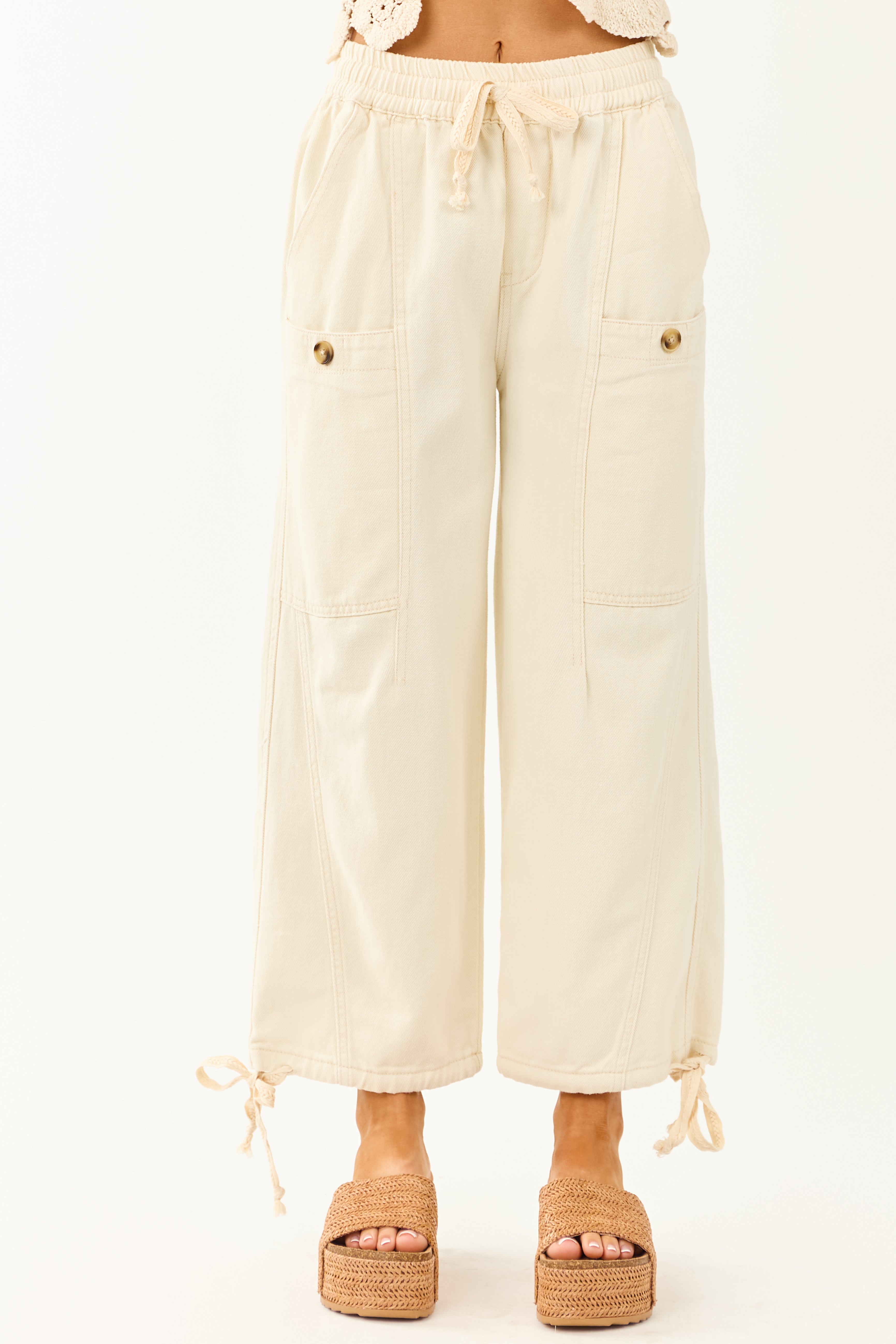 Cream Elastic Waist Relaxed Denim Cargo Pants