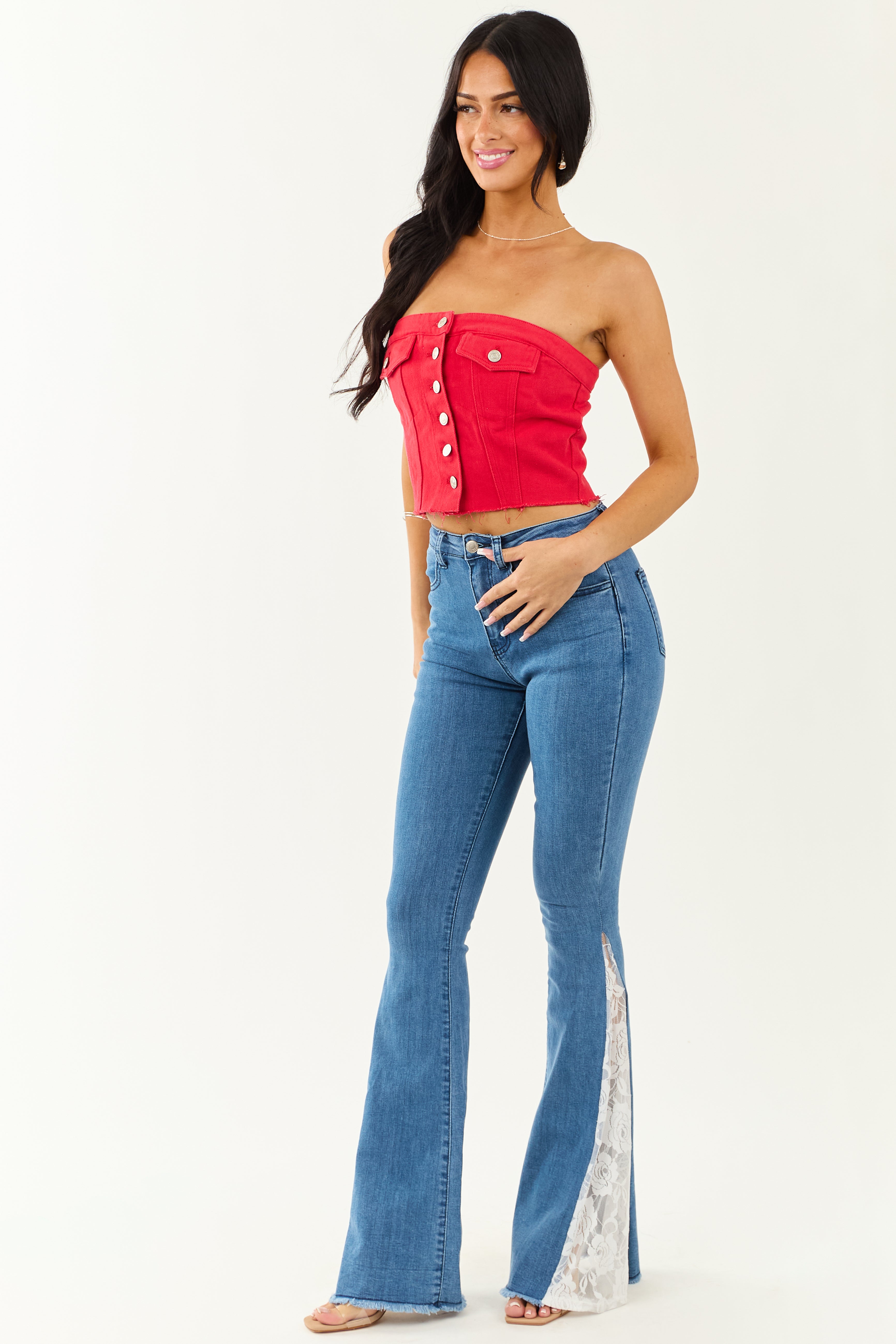 Medium Wash Lace Contrast Stretchy Flare Leg Jeans