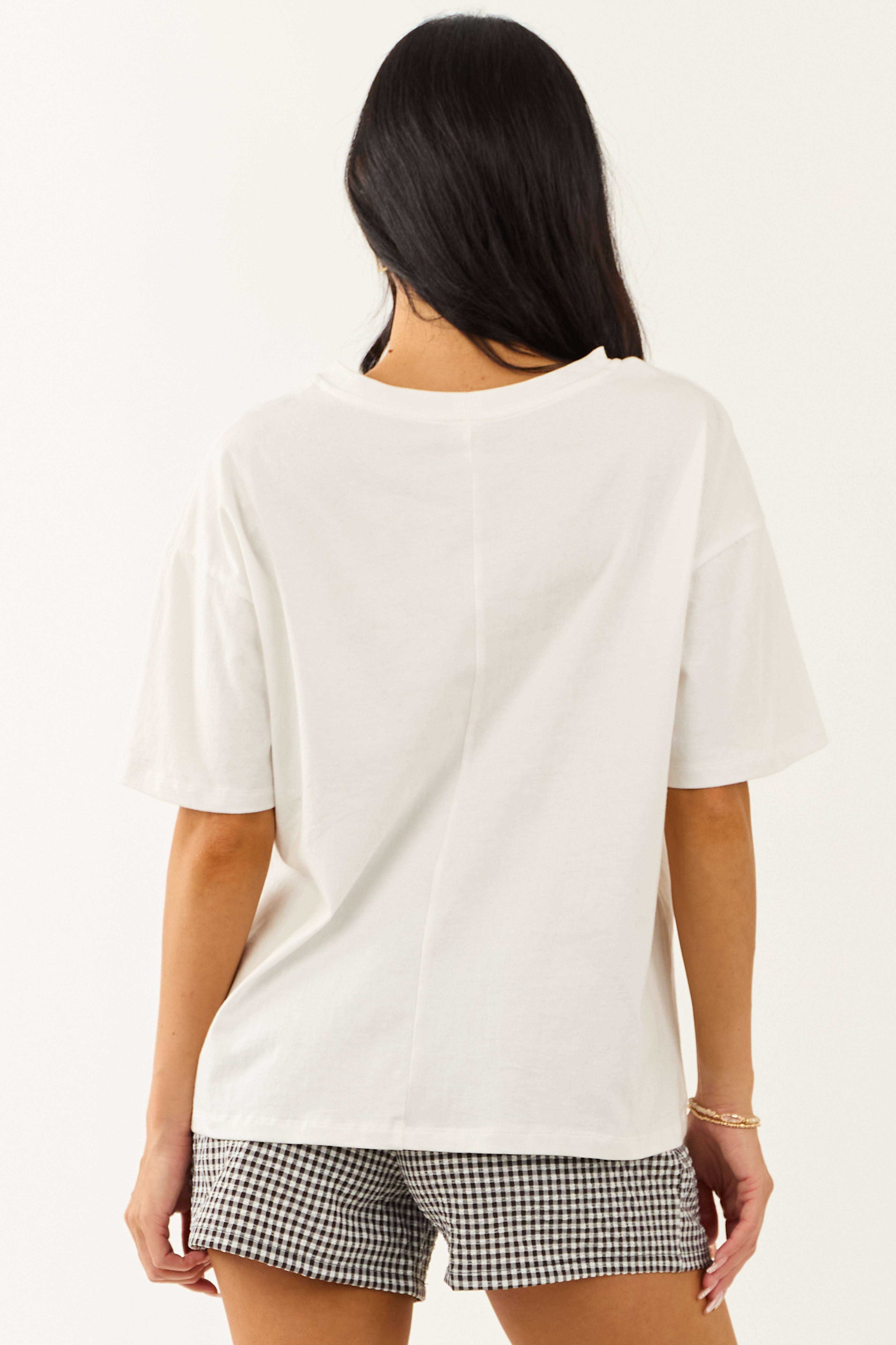 Off White Cotton Tee with Contrast Denim Pocket