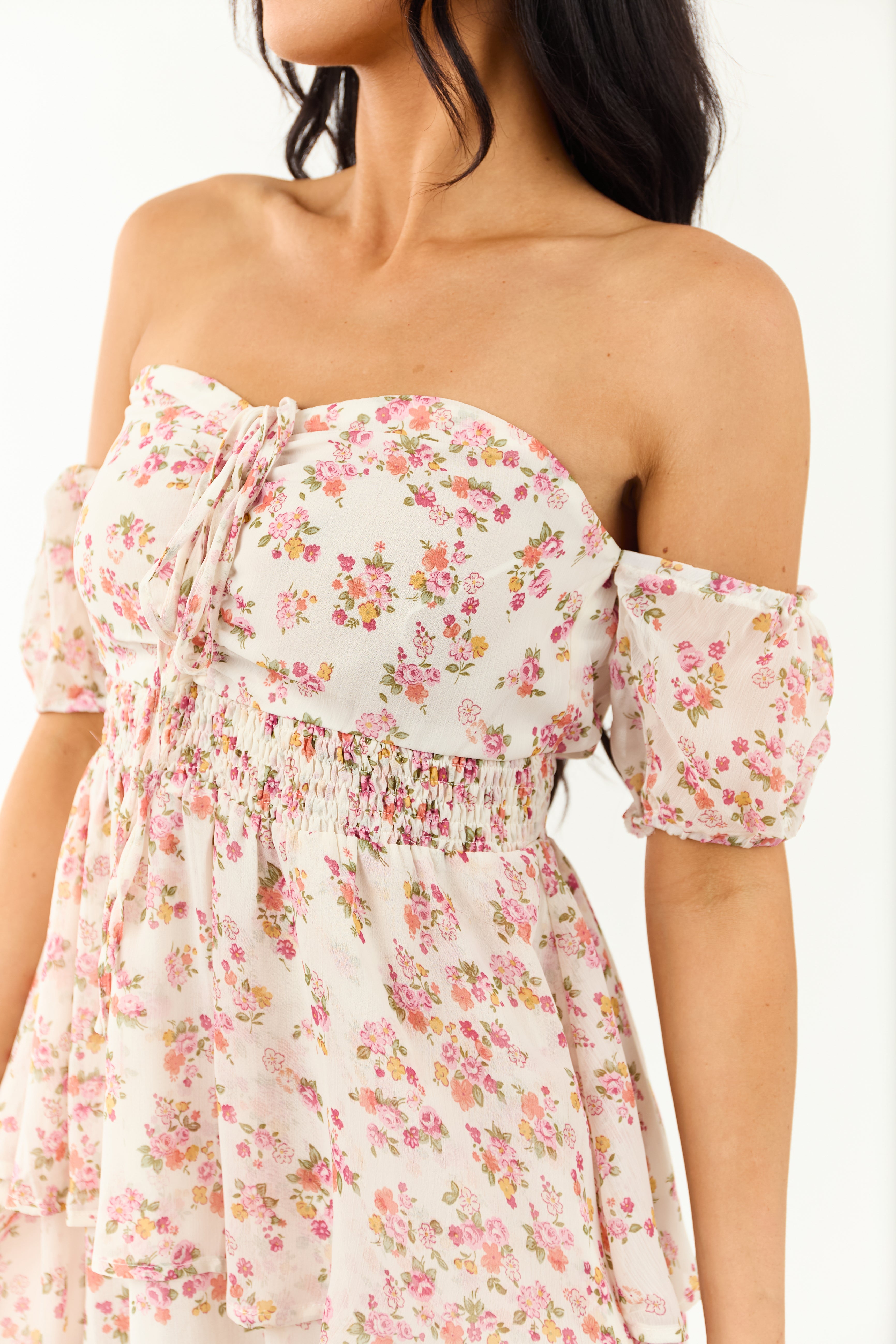 Ivory Floral Print Off the Shoulder Mini Dress