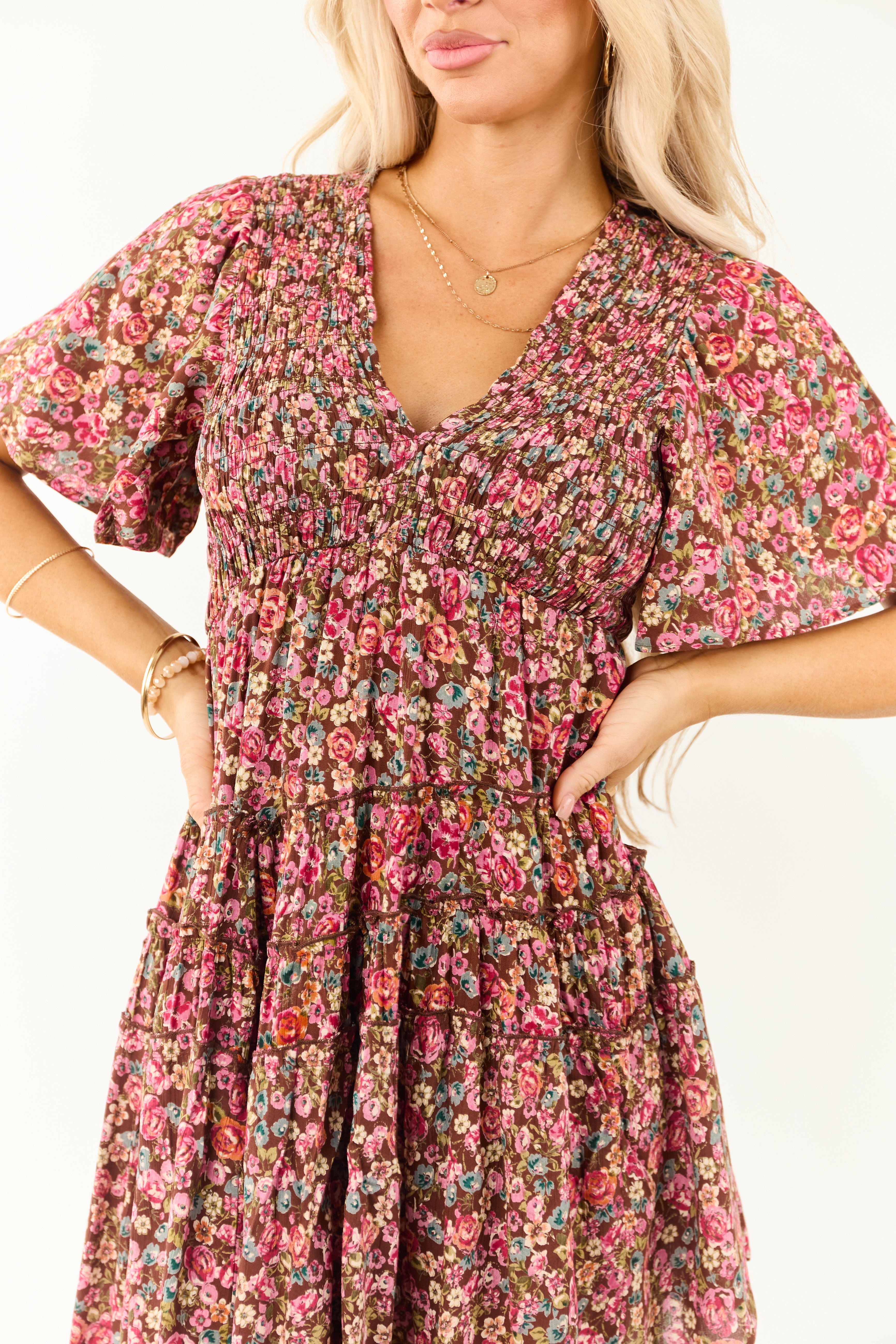Sepia Floral Print Smocked Tiered Mini Dress