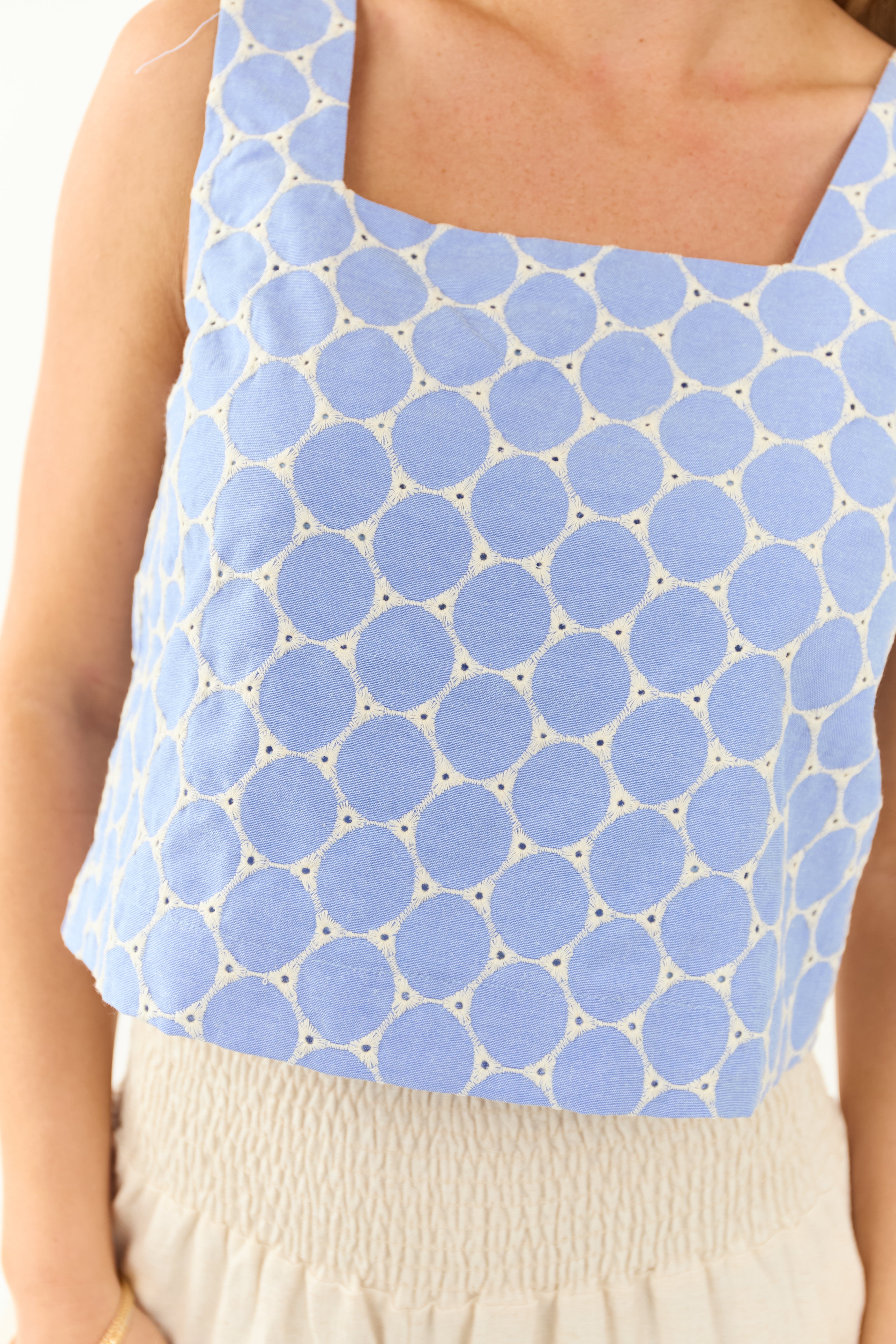 Entro Cornflower Chambray Denim Embroidered Tank Top