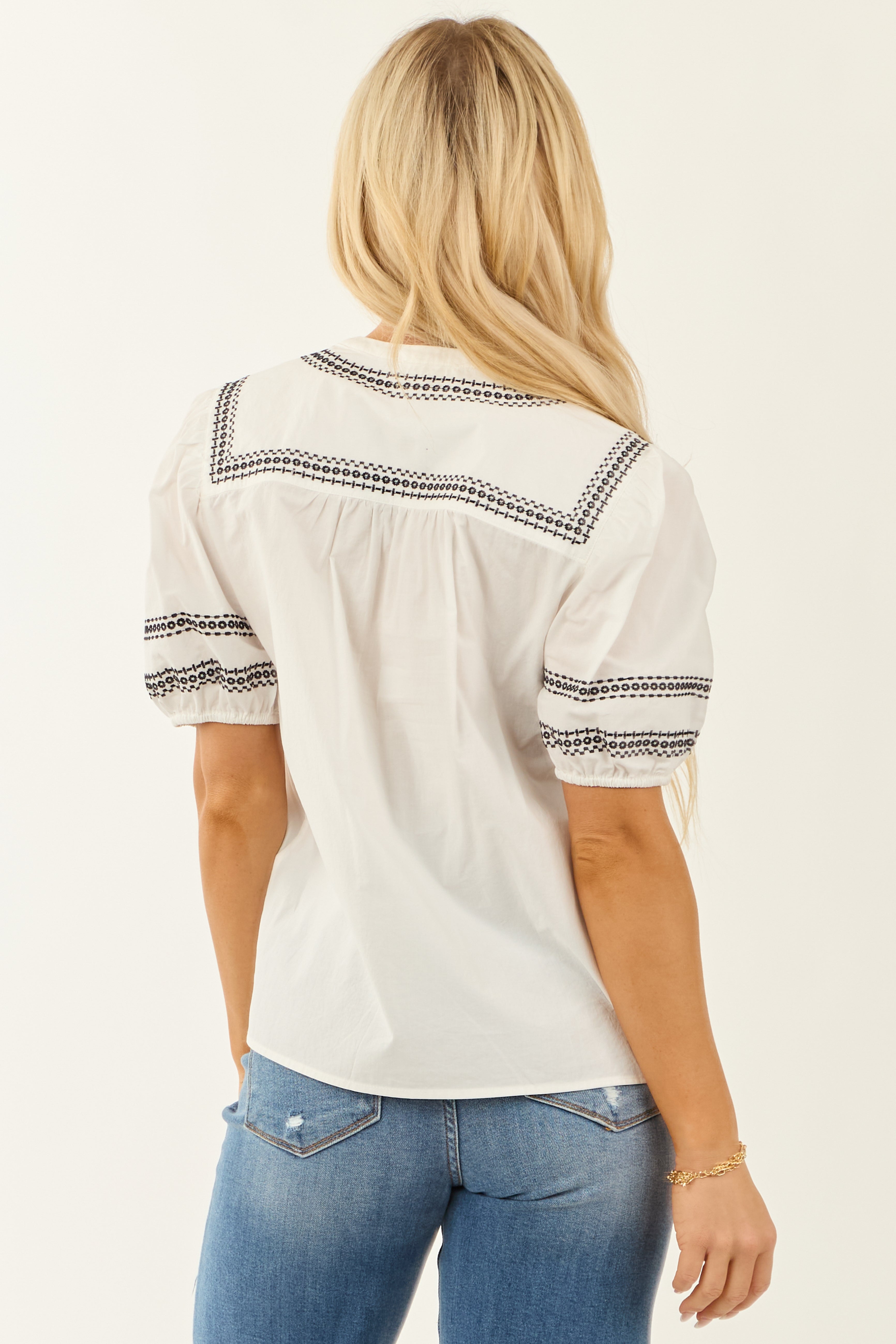 White Short Puff Sleeve Embroidered Blouse