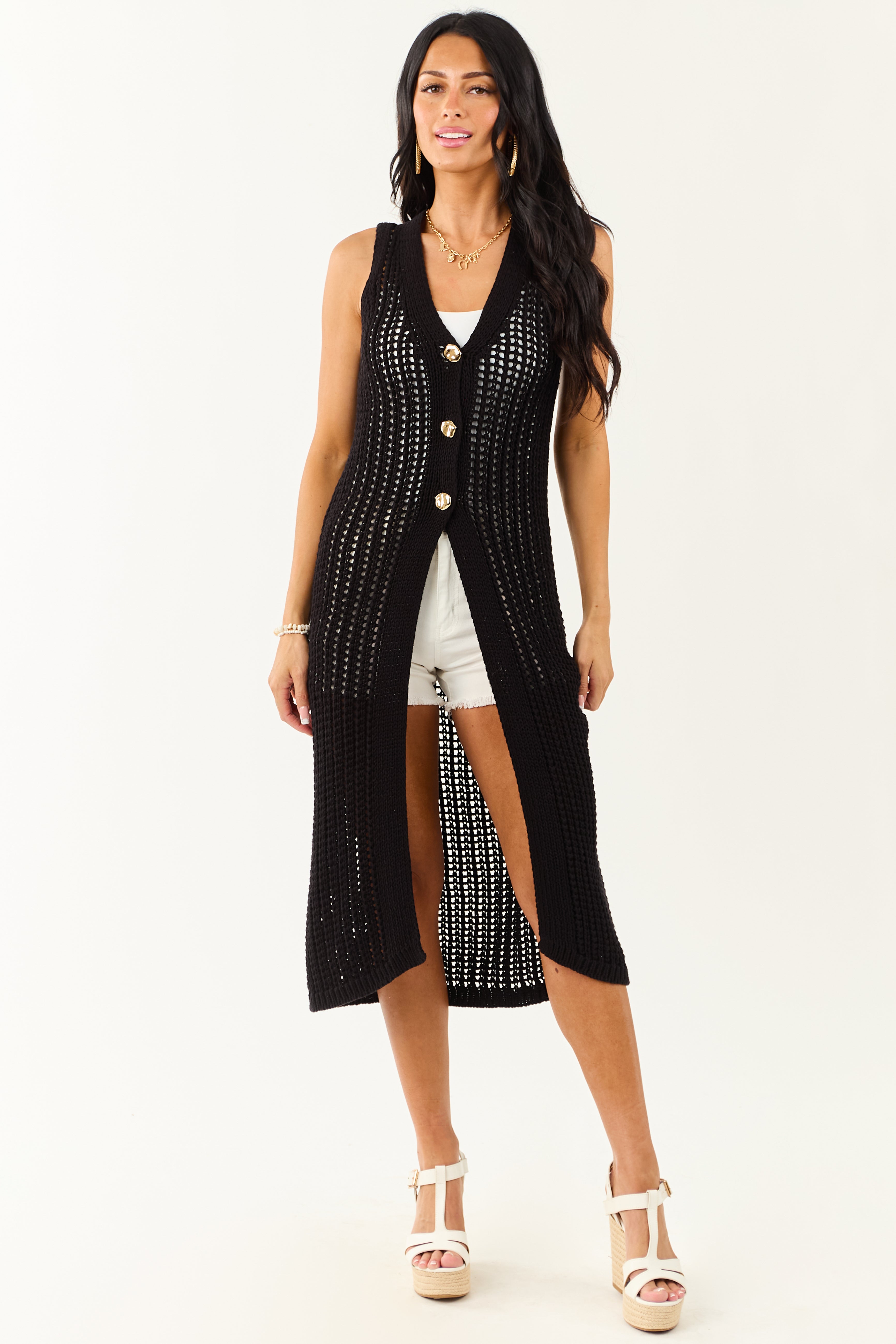 Black Open Knit Gold Buttoned Cotton Duster Vest