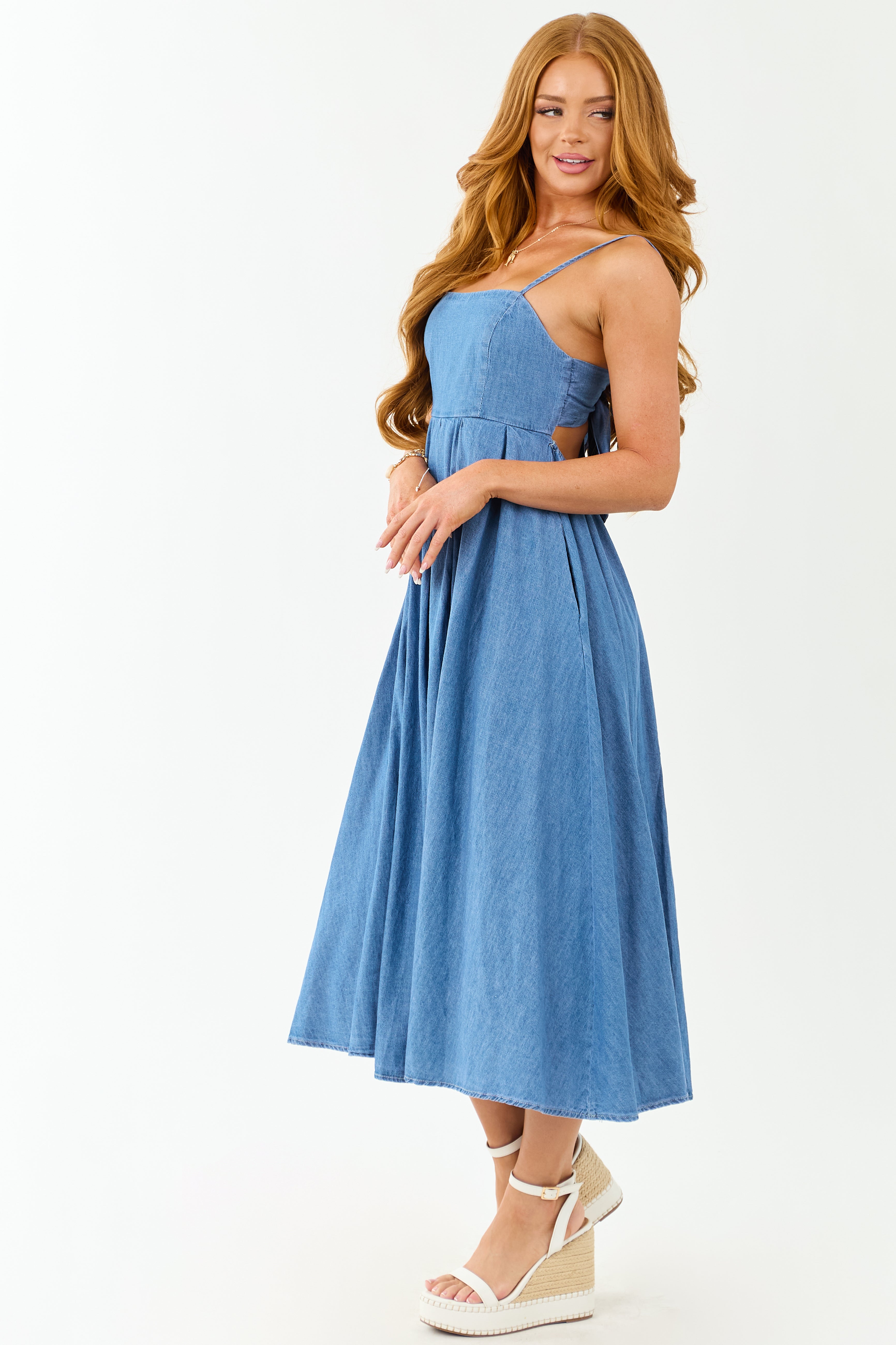 Medium Wash Chambray Denim Open Back Midi Dress
