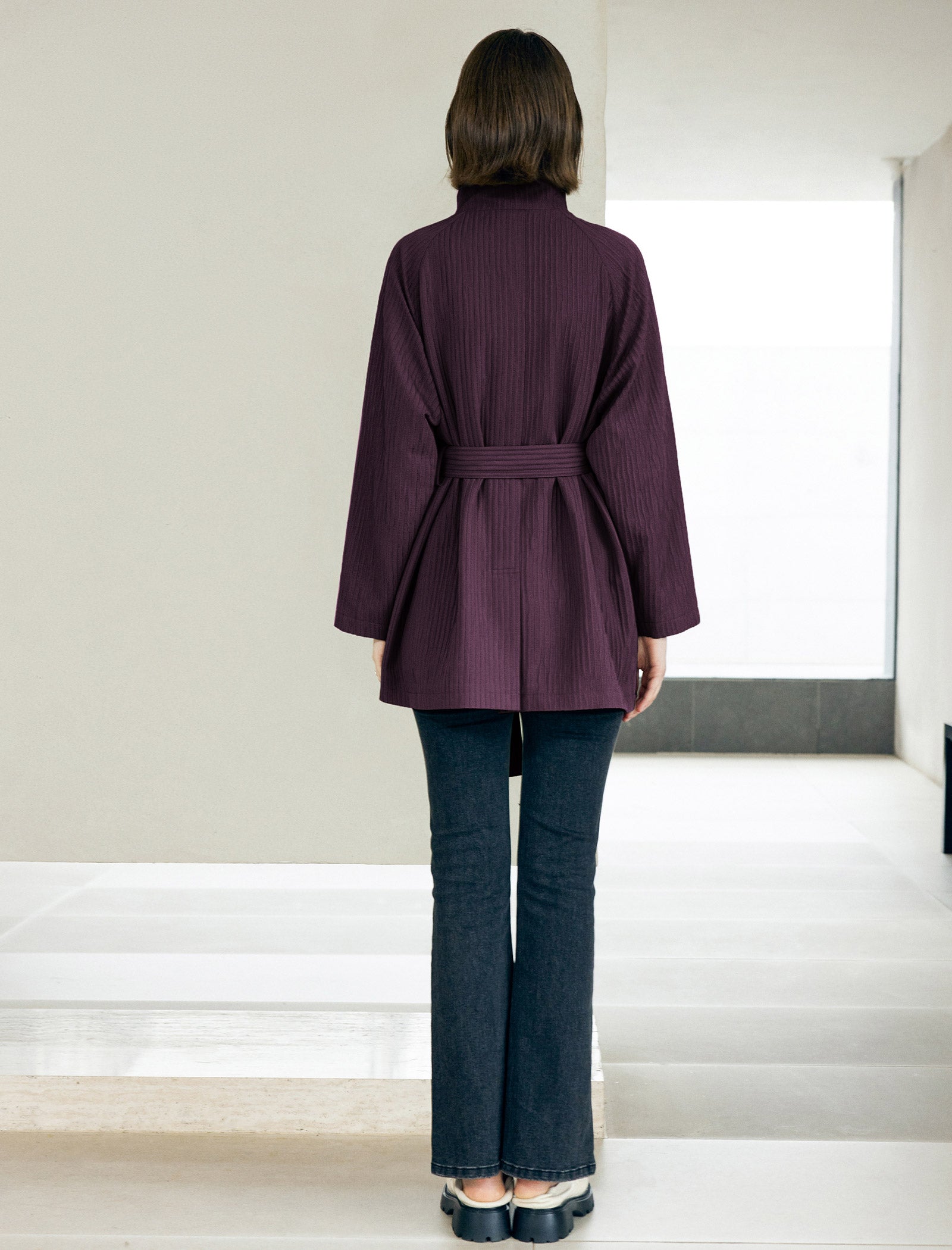 Textured Stand Collar Mid-Length Minimalist Trench Coat