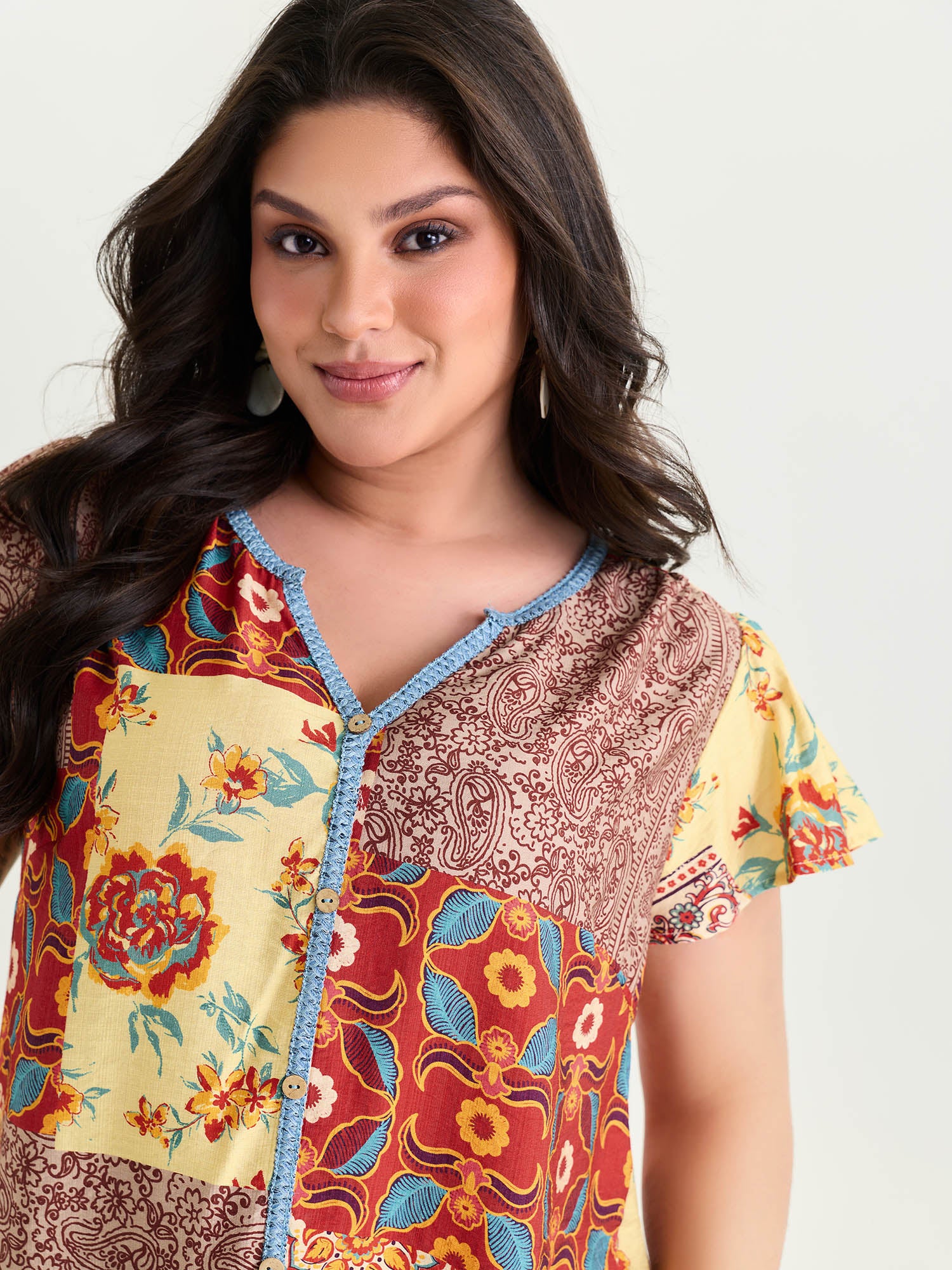 Supersoft Colorful Contrast Patchwork Print Blouse