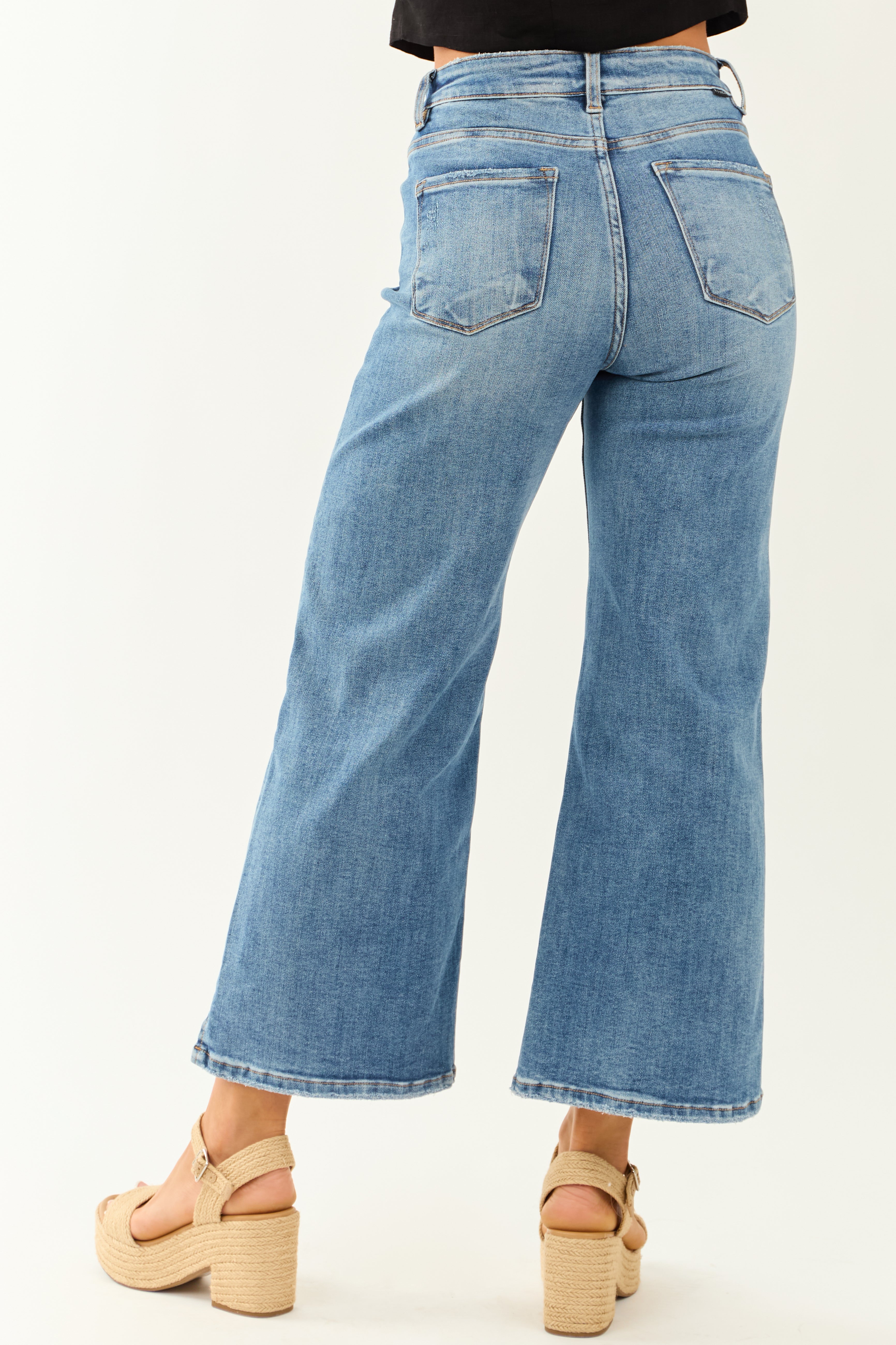 Risen Cropped Frayed Slit Hem Stretchy Wide Jeans