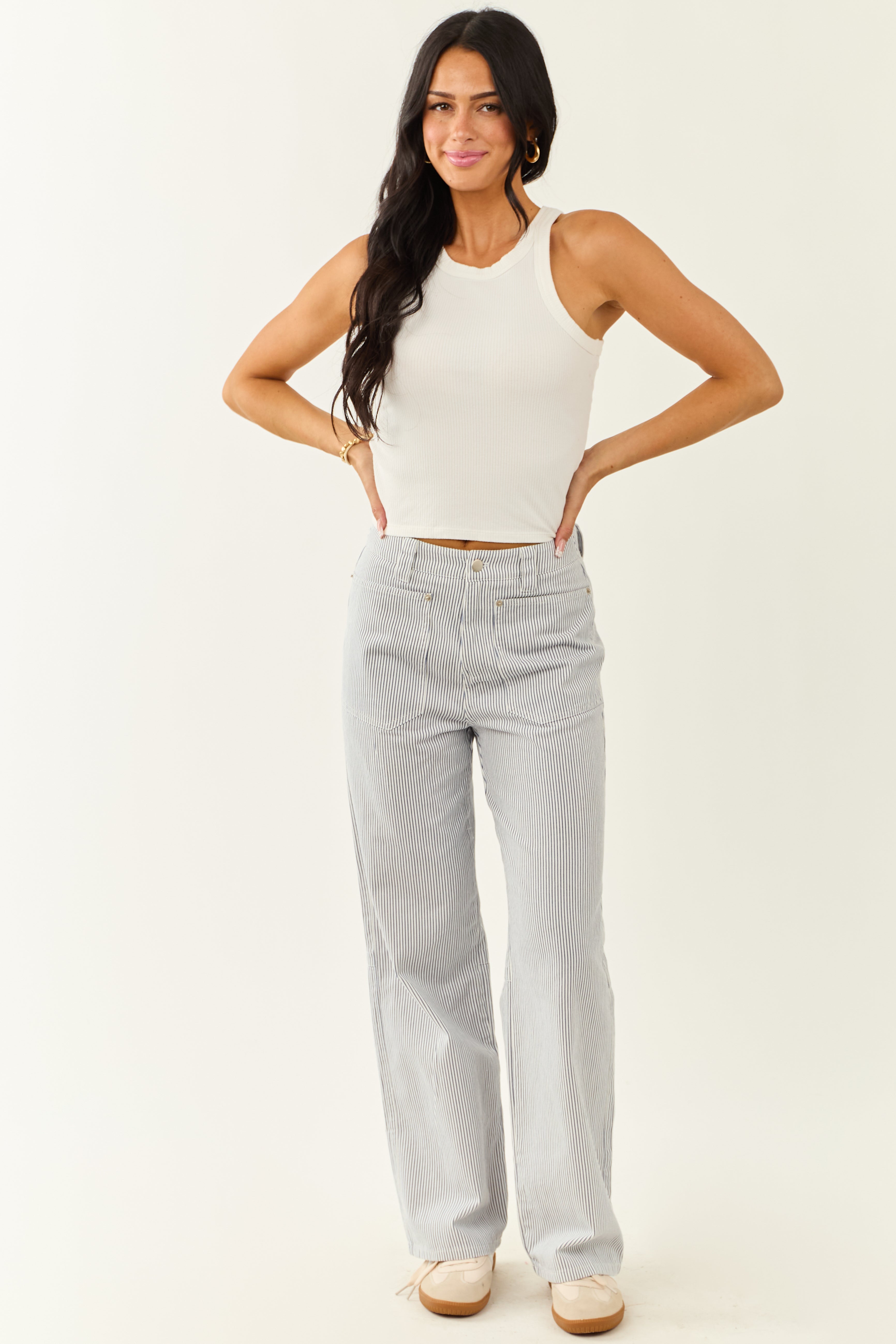 Ocean and Ivory Railroad Stripe Wide Leg Pants