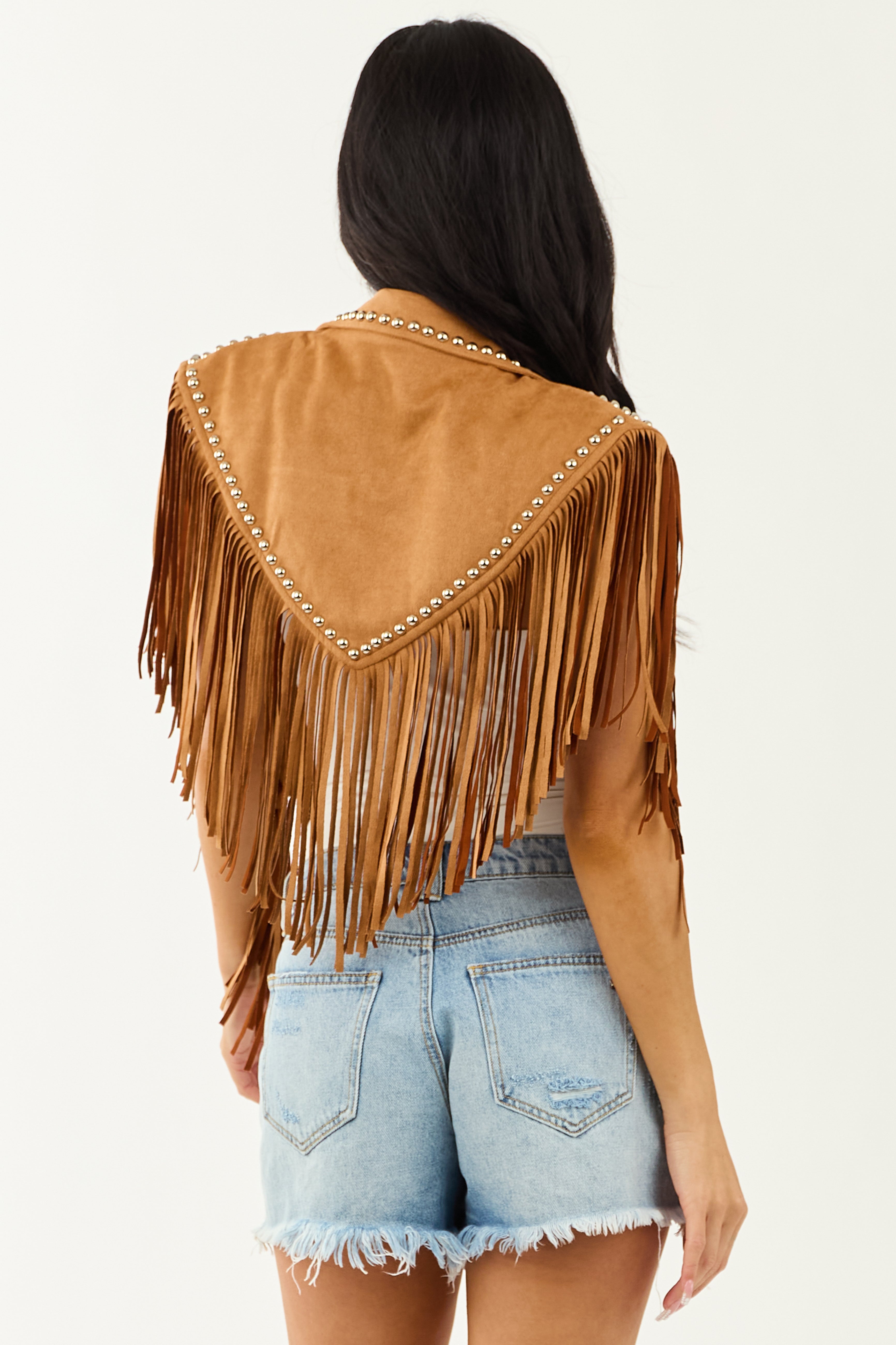 Brown Sugar Faux Suede Studded Fringe Shawl