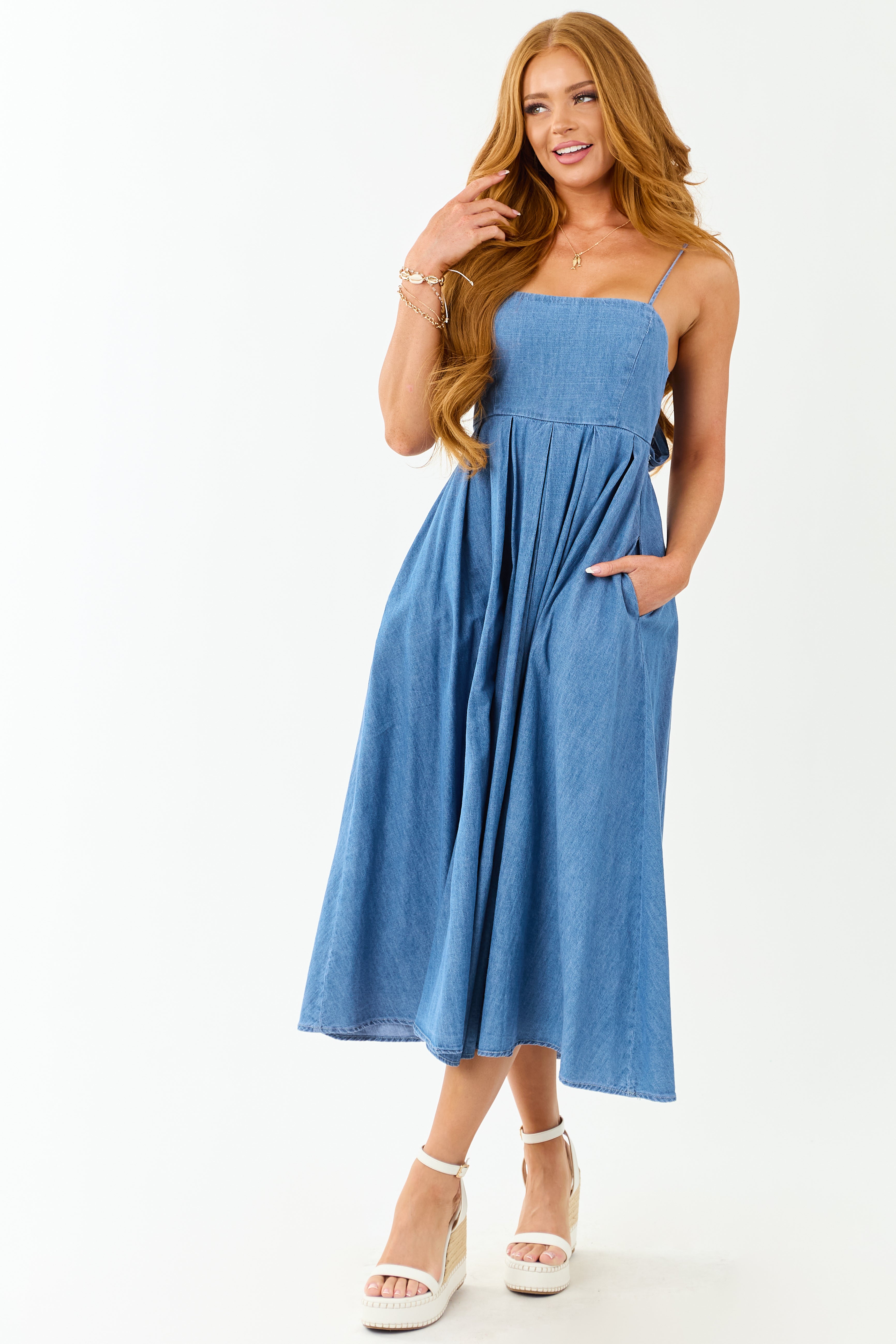 Medium Wash Chambray Denim Open Back Midi Dress