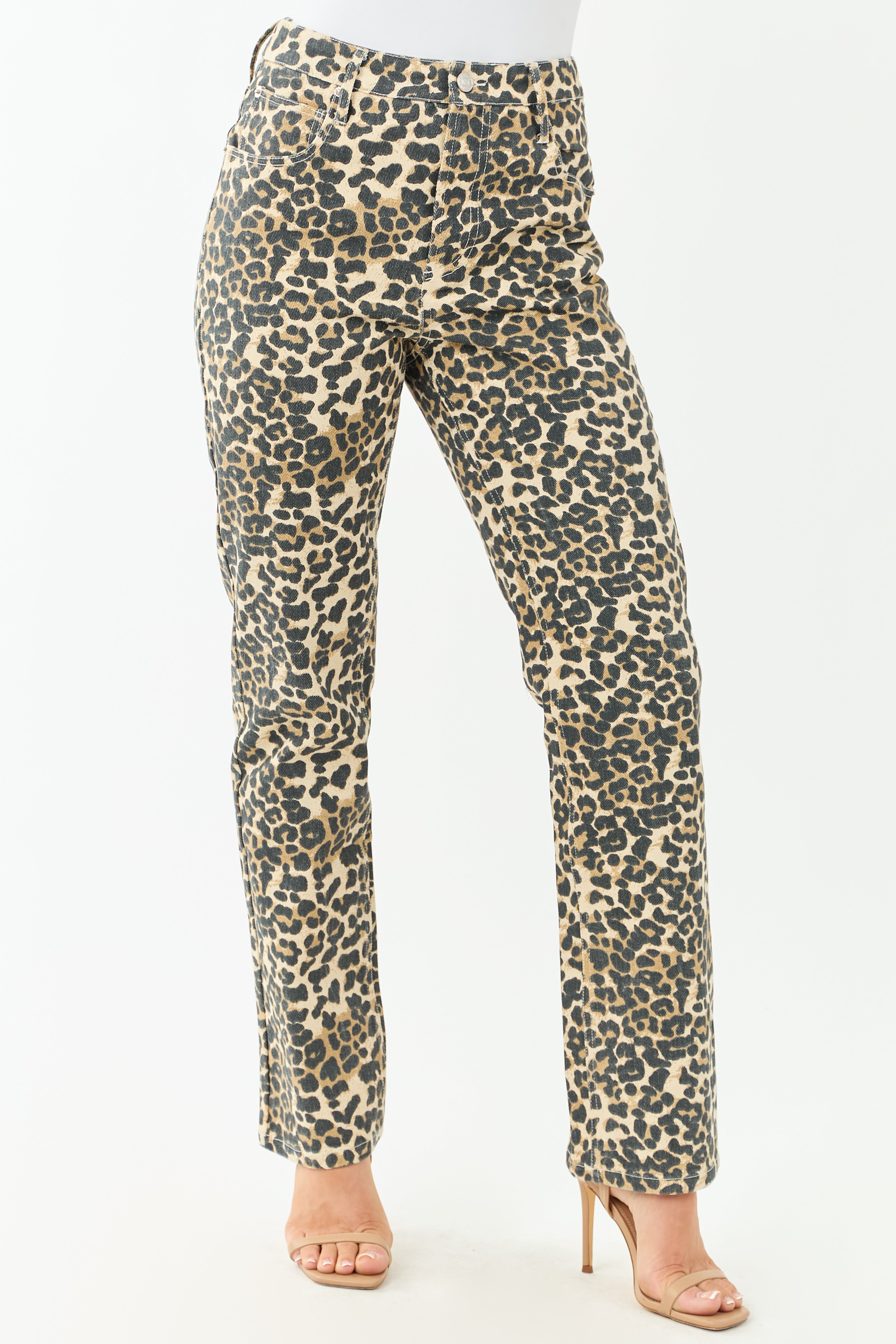 Cream Leopard Print Straight Leg High Rise Jeans