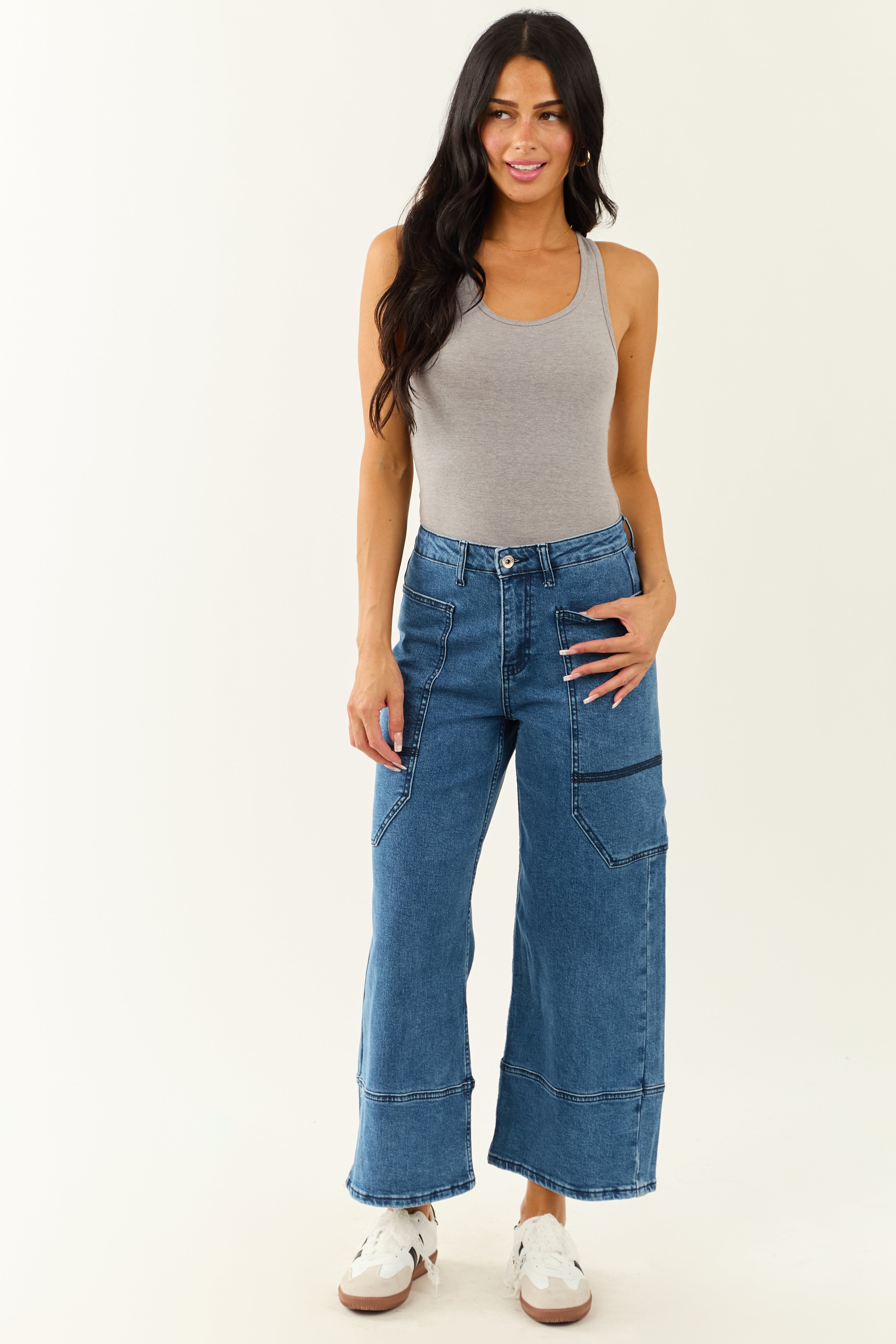 Saige Dark Wash Wide Leg Stretchy Wrap Pocket Jeans