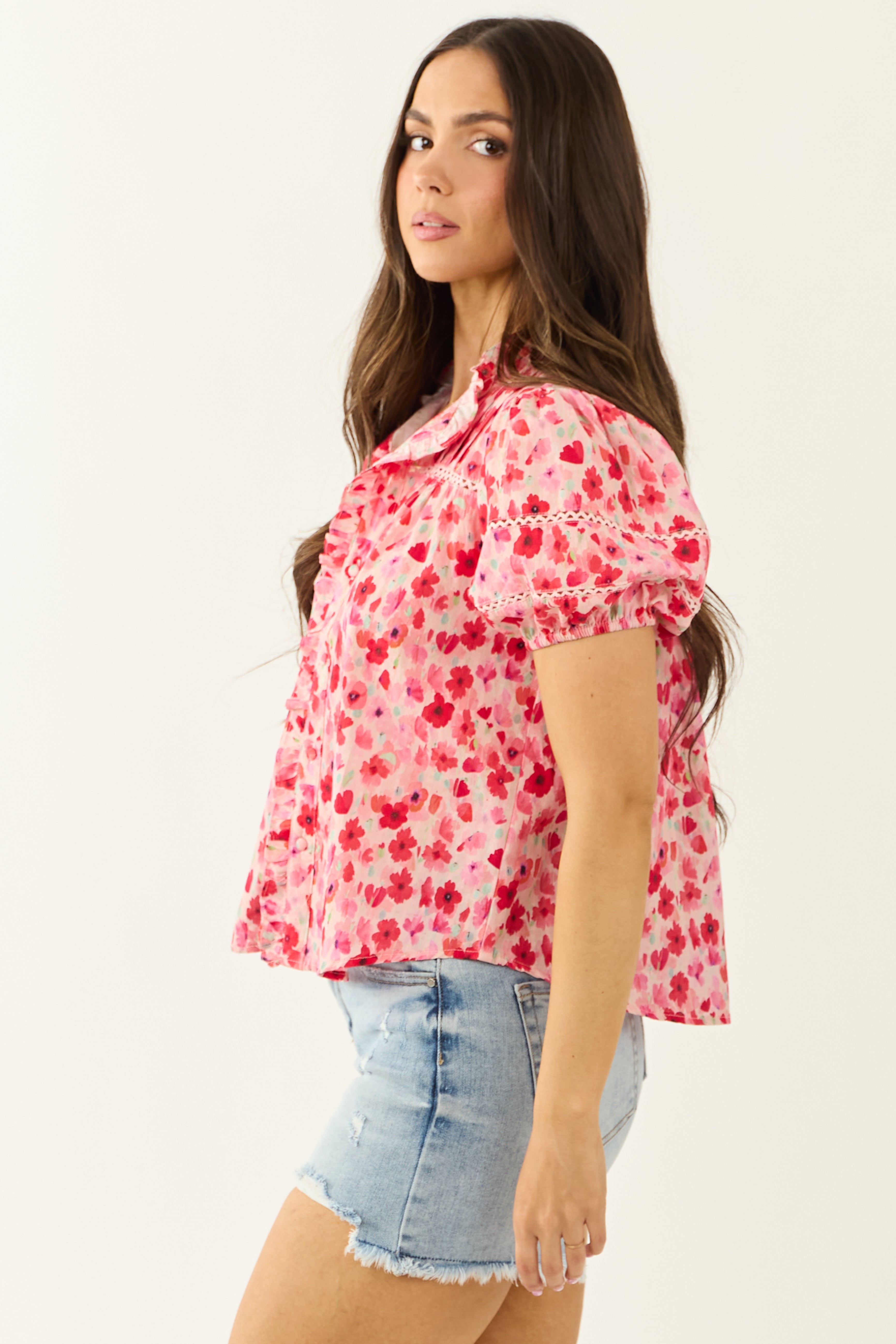 Carnation Floral Print Embroidered Puff Sleeve Blouse