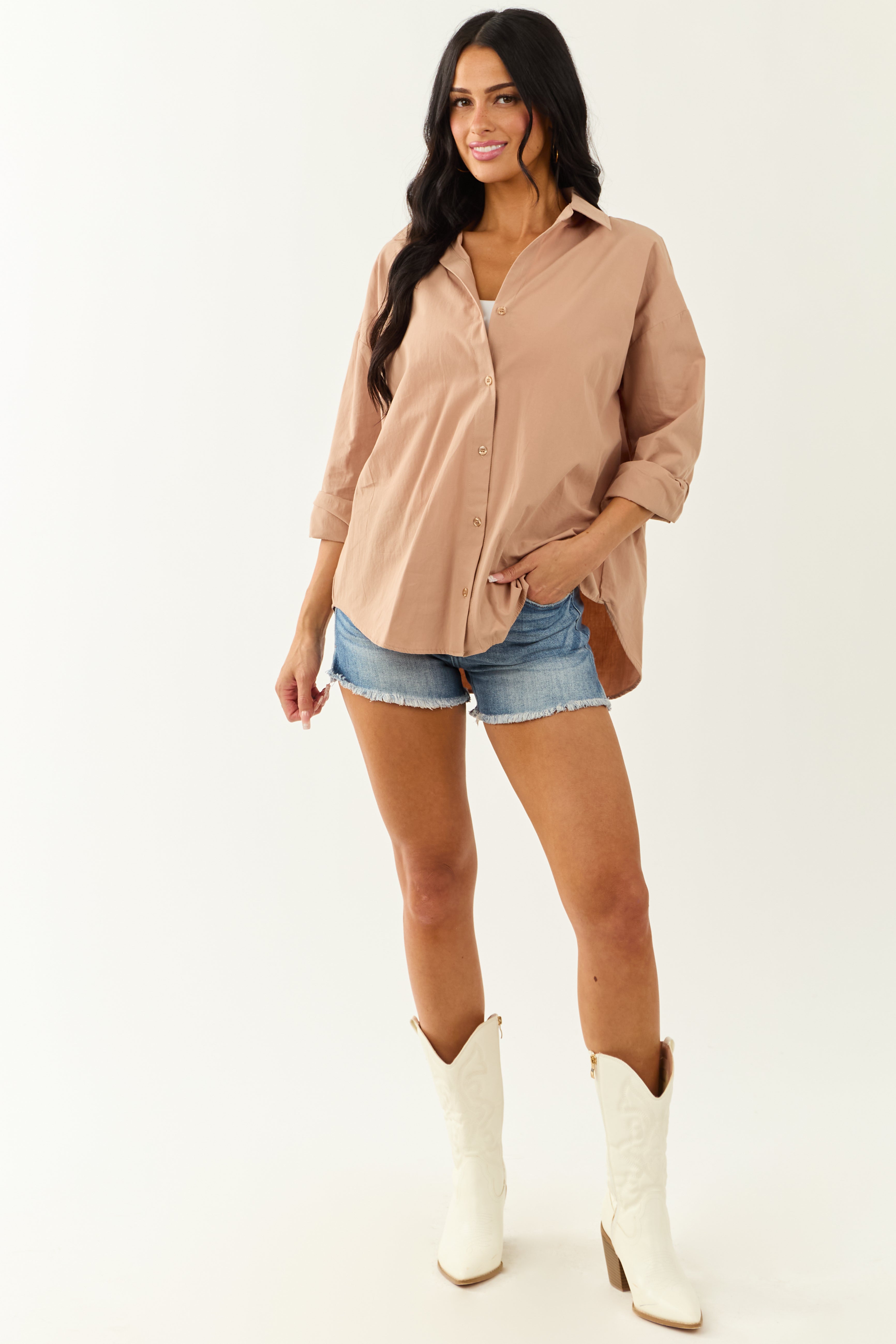 Latte Collared Button Down Cotton Long Sleeve Top