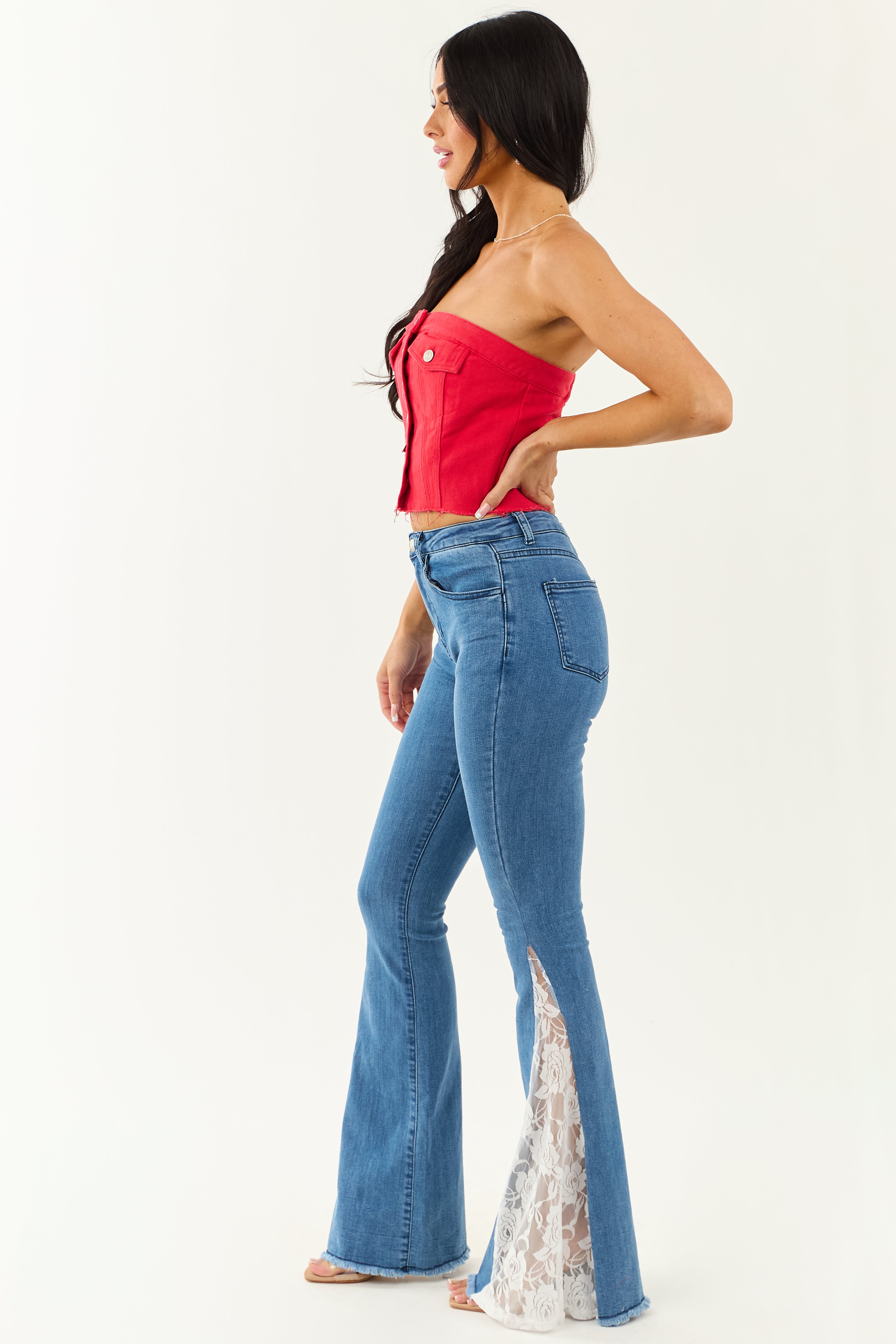 Medium Wash Lace Contrast Stretchy Flare Leg Jeans