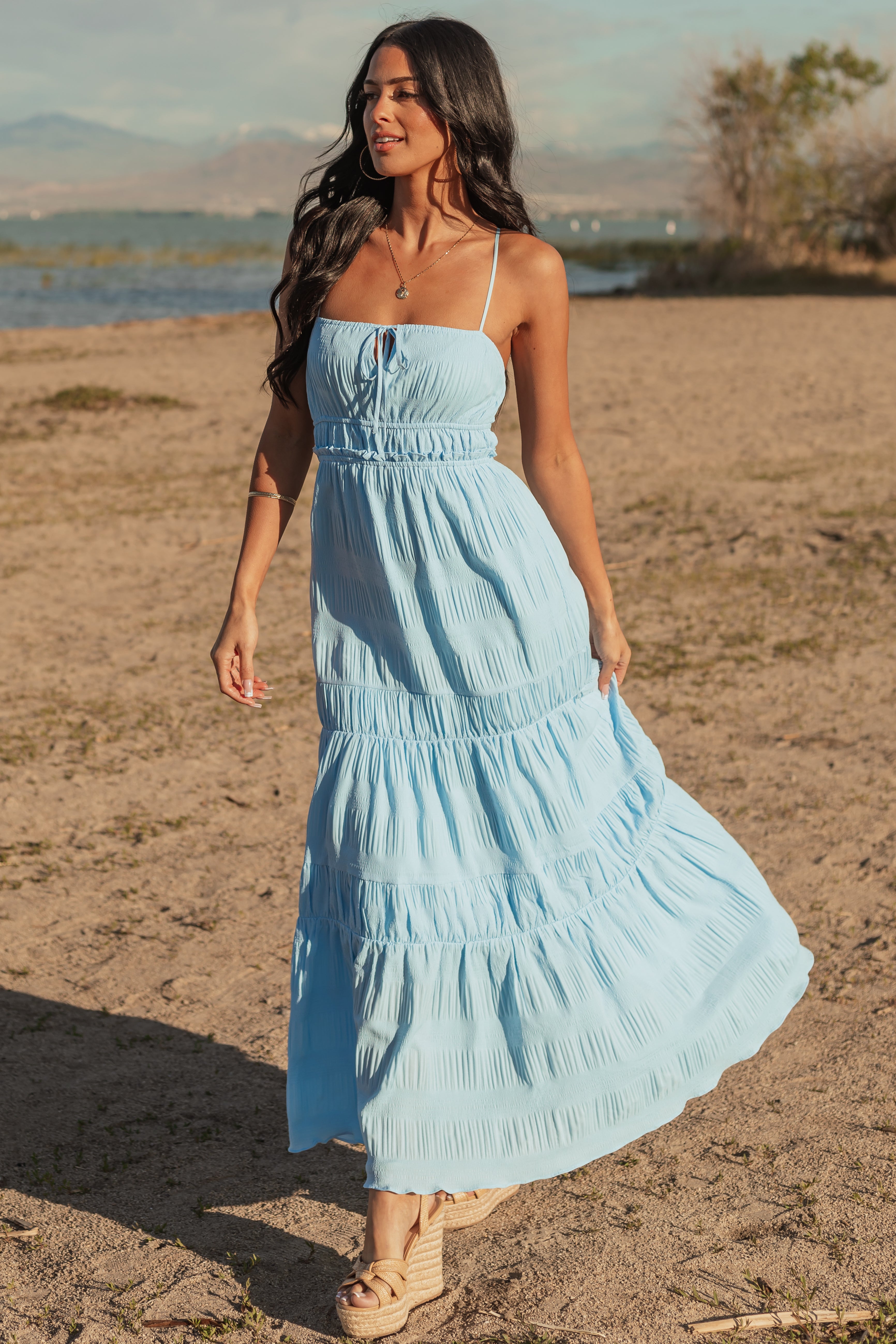 Sky Blue Ruched Tiered Sleeveless Maxi Dress