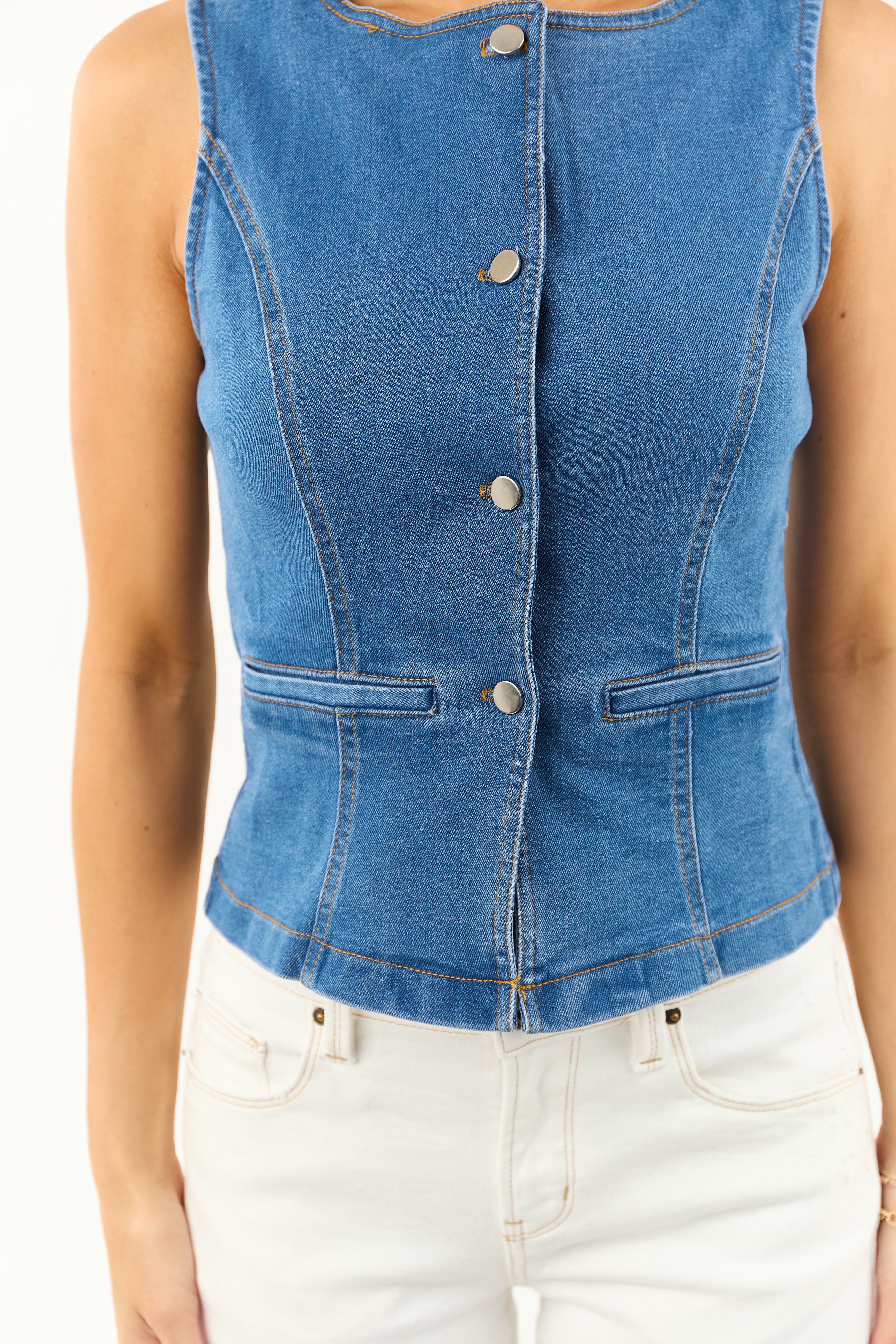 Medium Wash Stretchy Button Up Denim Vest