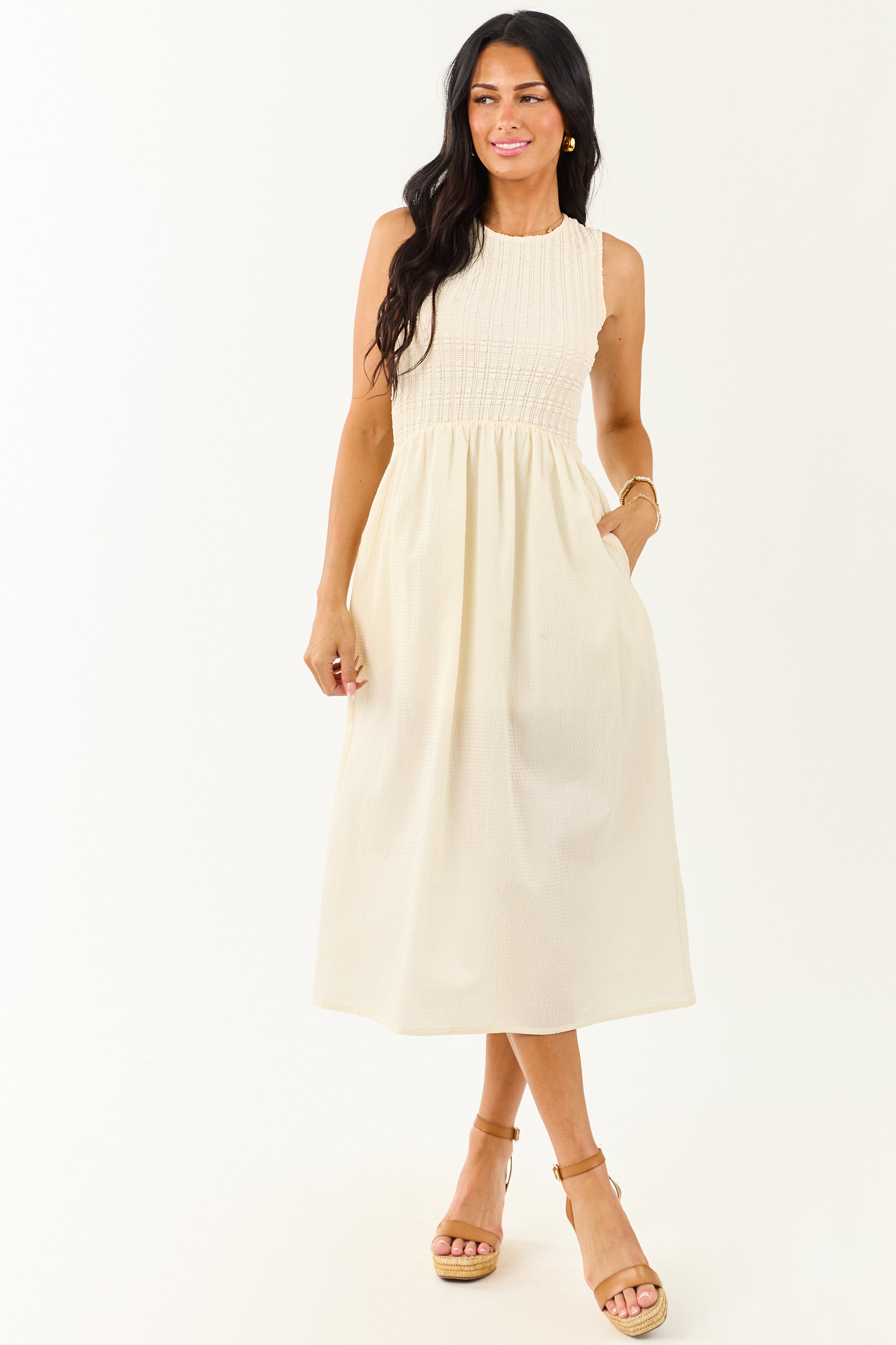 Cream Textured Bodice Contrast Skirt Midi Dress
