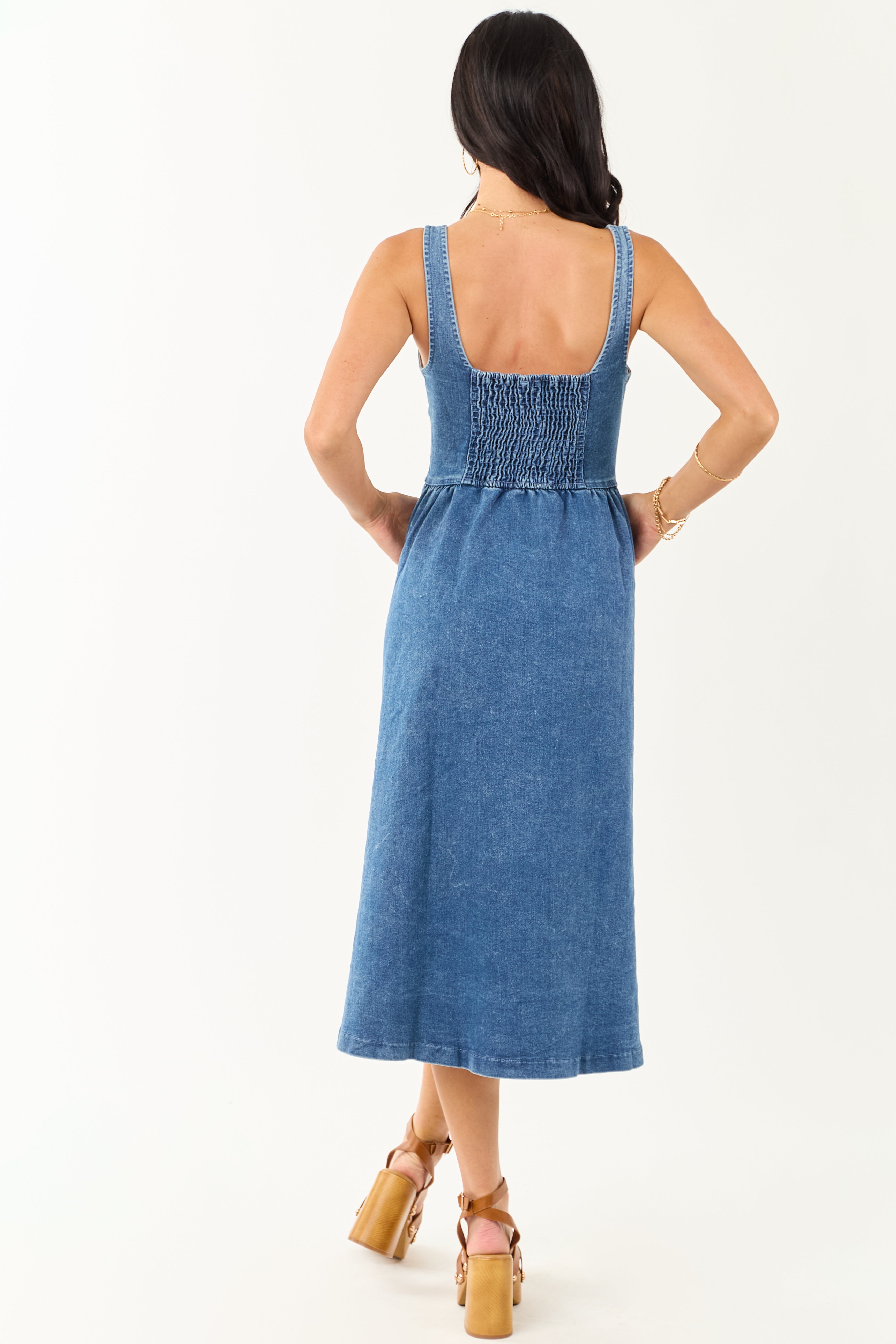 Medium Wash Button Down Sleeveless Denim Midi Dress