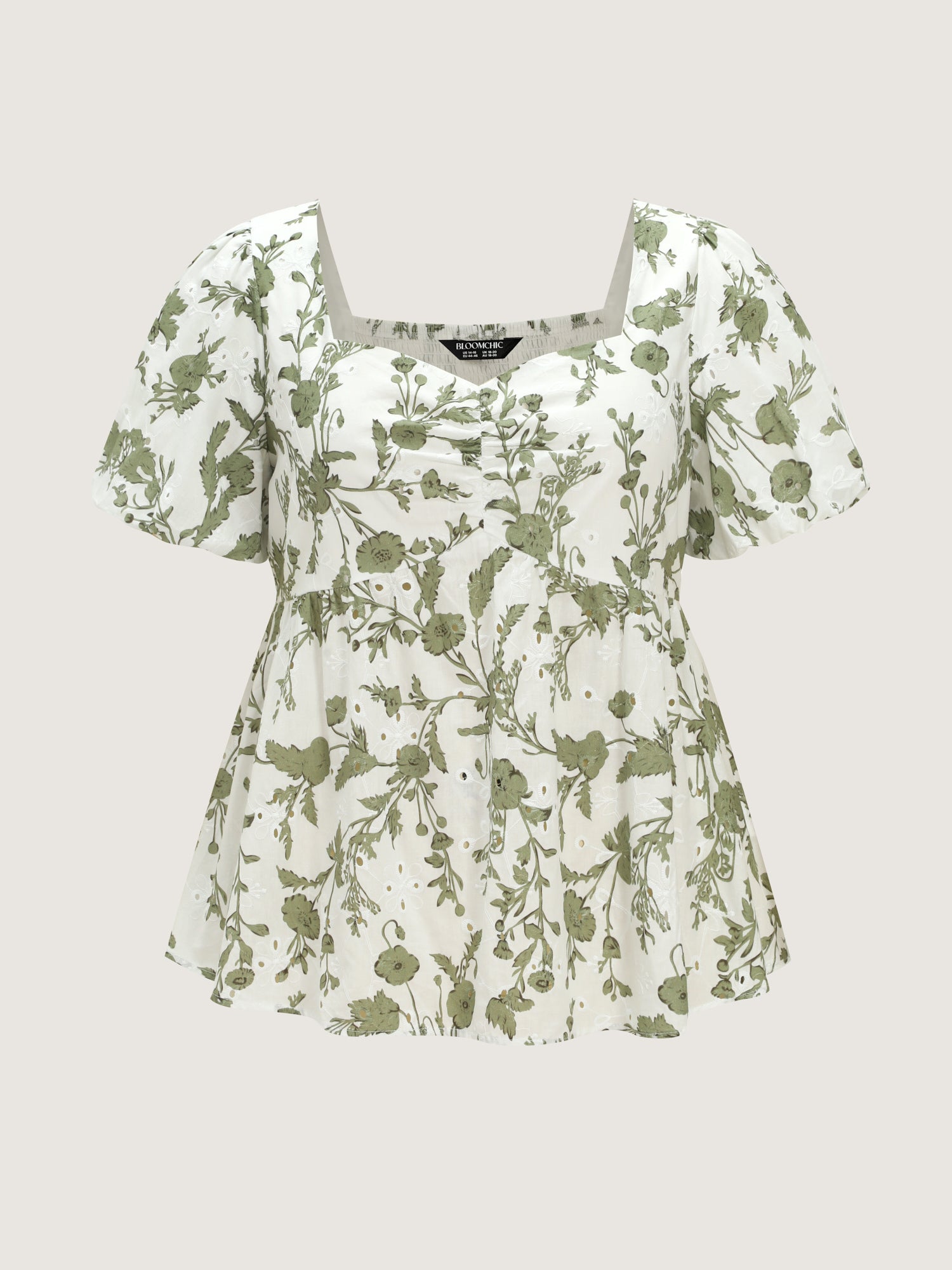 Cotton Floral Print Ruched Bubble Sleeve Blouse