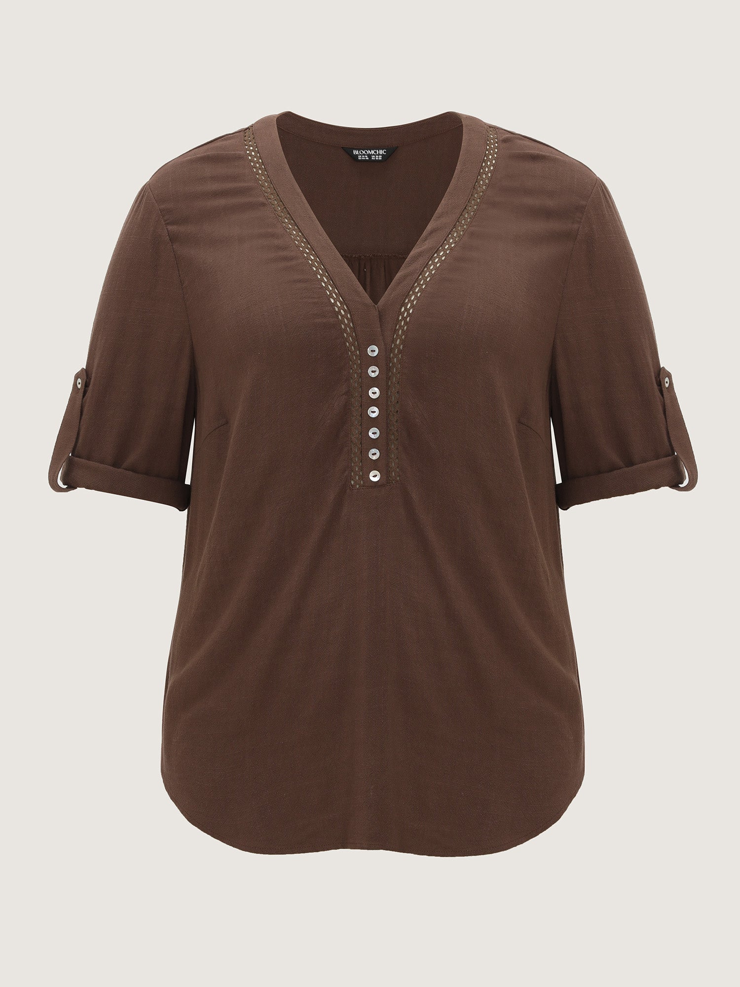 Lace Trim Neckline Tab Sleeve Blouse