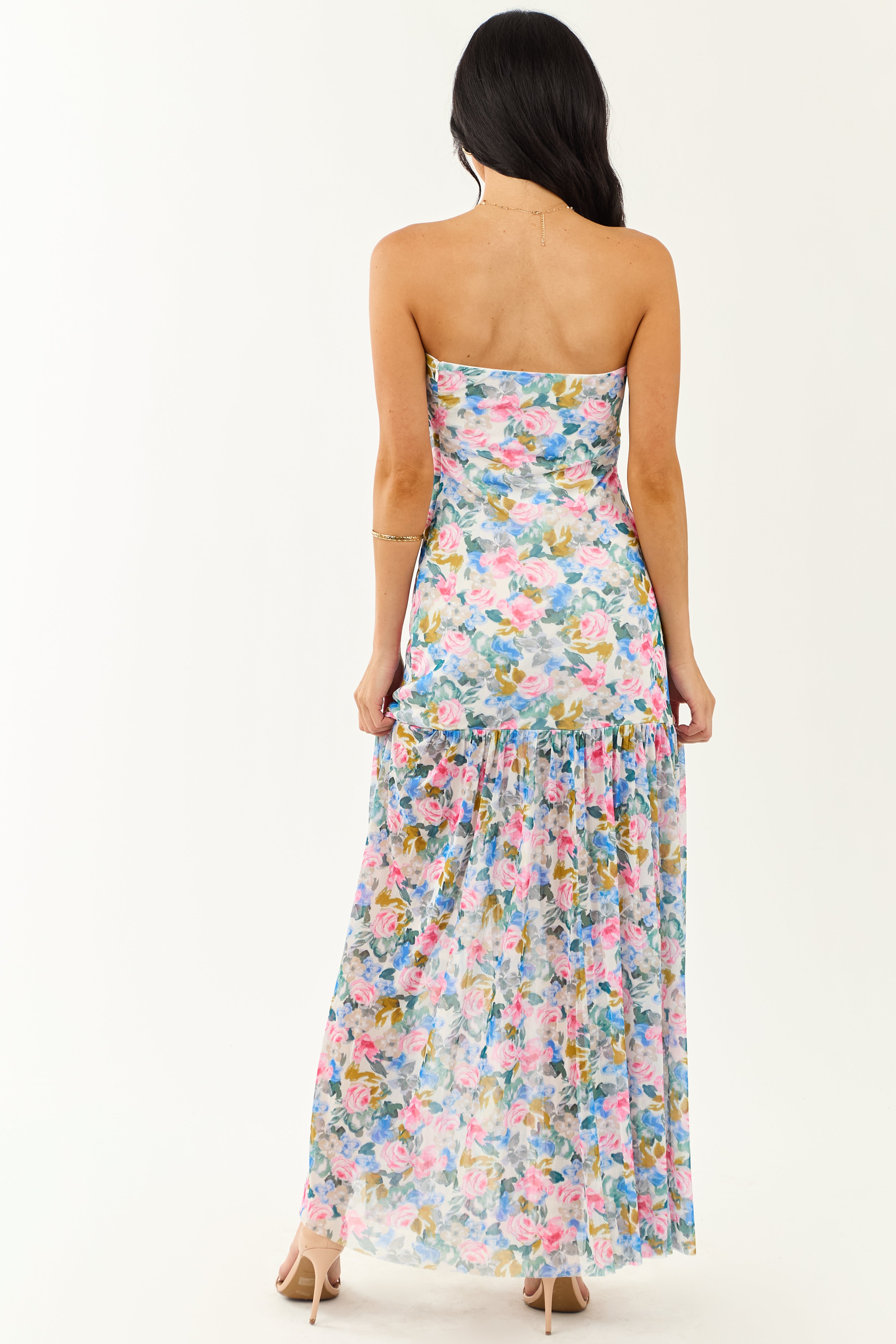 Ivory Floral Print Front Slit Mesh Maxi Dress